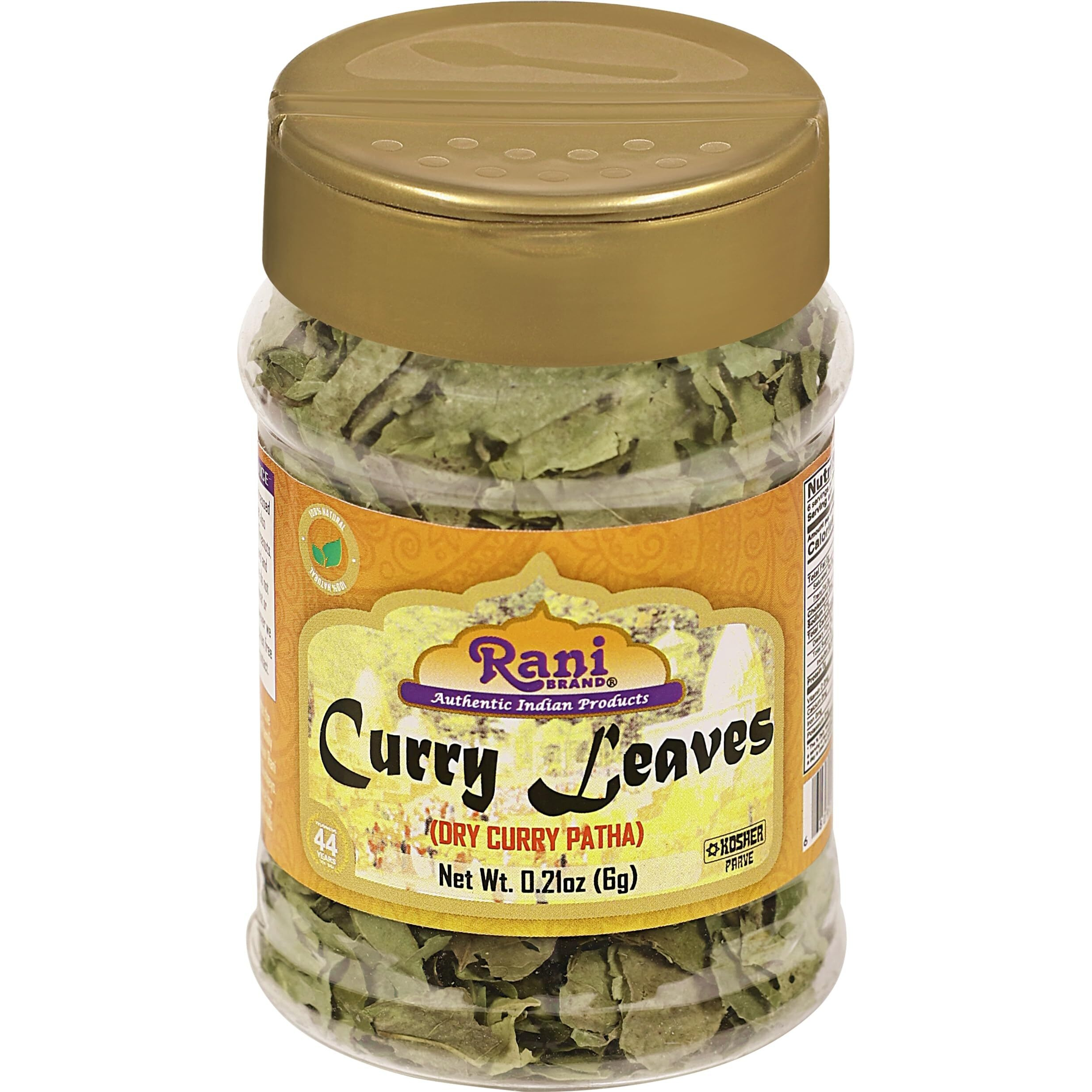 Rani Dried Curry Whole Leaves (Kari Neem Patha) Indian Spice 0.21oz (6g) PET Jar ~ Non-irradiated, All Natural, Vegan, Gluten Friendly, NON-GMO, Kosher, Product of USA