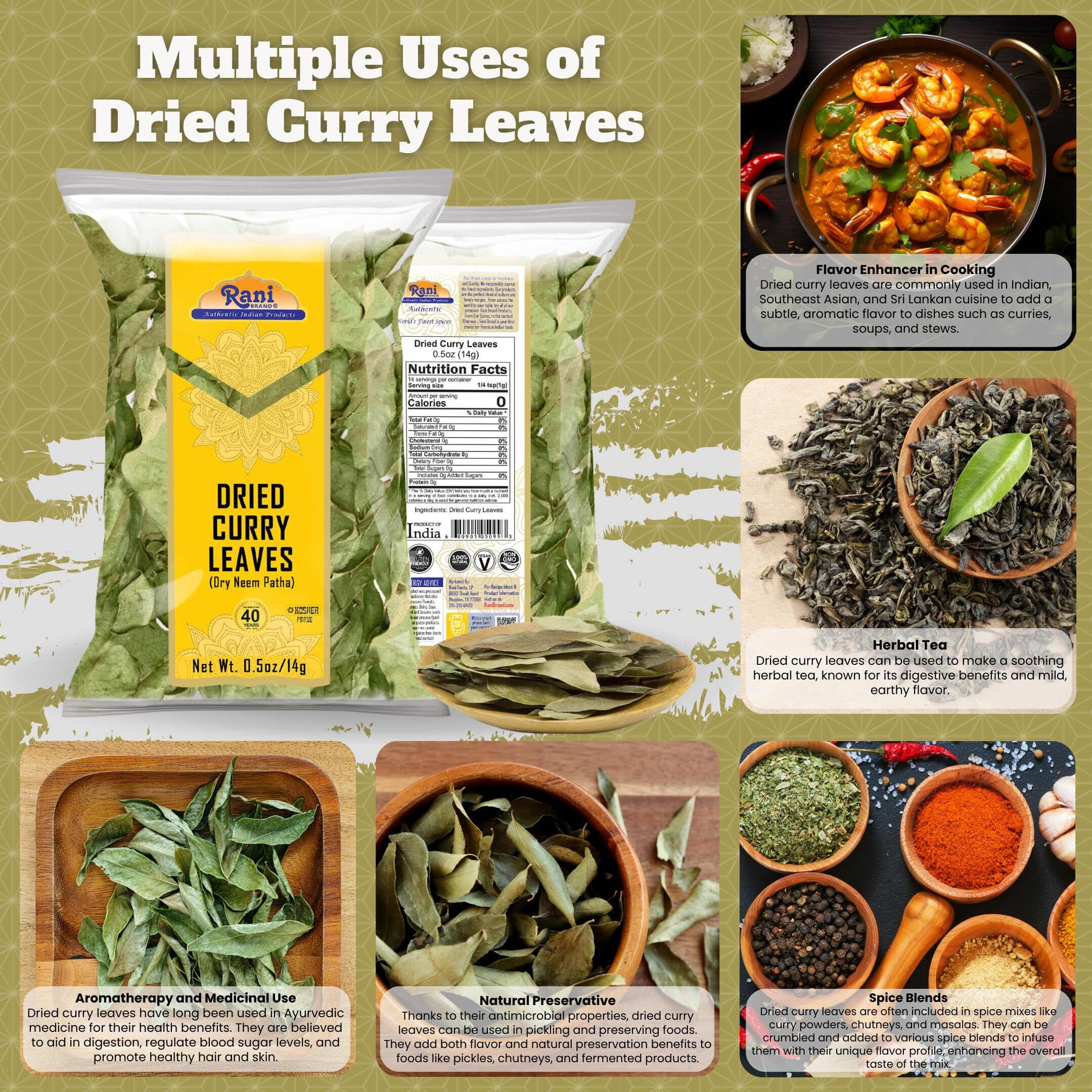 Rani Dried Curry Whole Leaves (Kari Neem Patha) Indian Spice 0.5oz (14g) ~ Non-irradiated, All Natural, Vegan, Gluten Friendly, NON-GMO, Product of USA