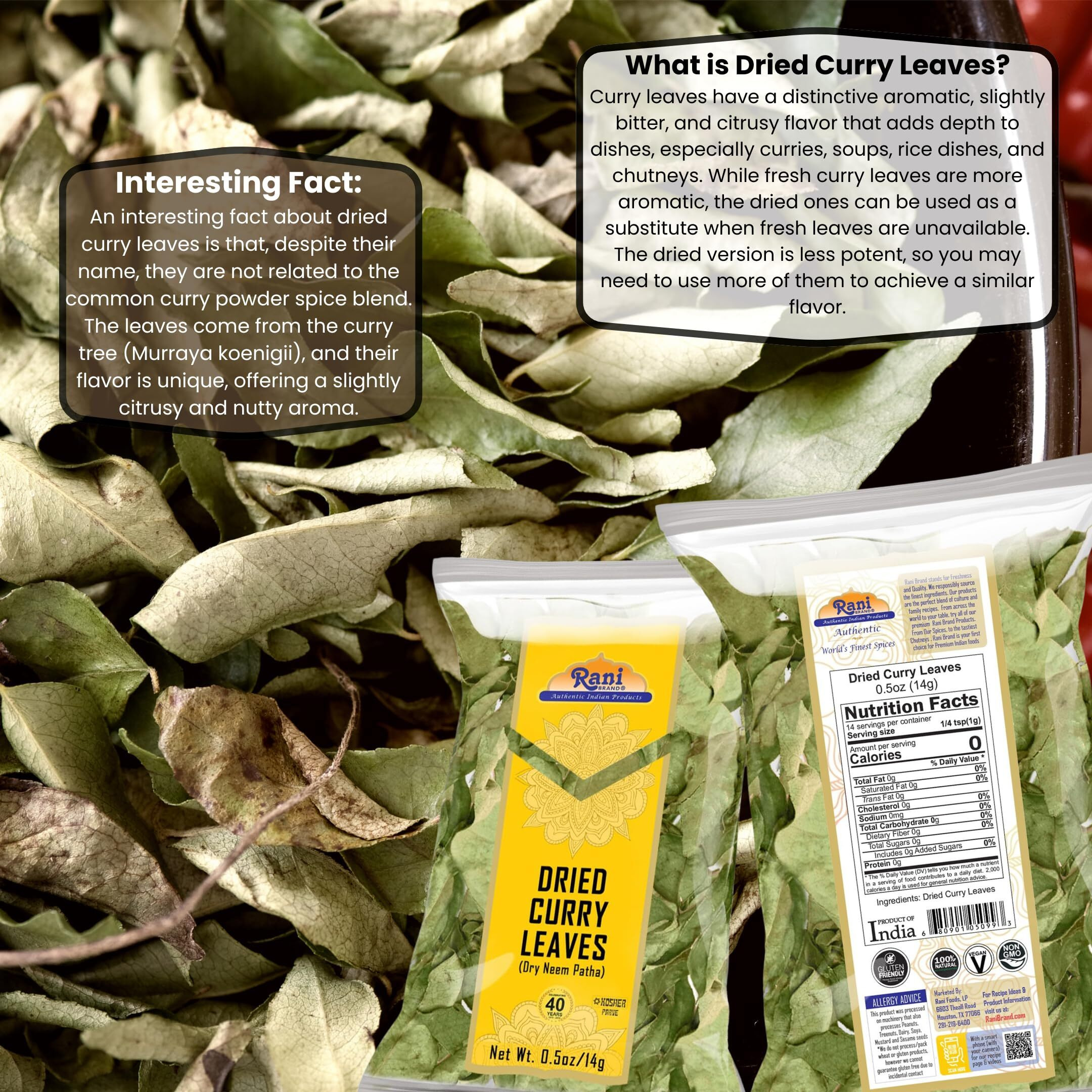 Rani Dried Curry Whole Leaves (Kari Neem Patha) Indian Spice 0.5oz (14g) ~ Non-irradiated, All Natural, Vegan, Gluten Friendly, NON-GMO, Product of USA
