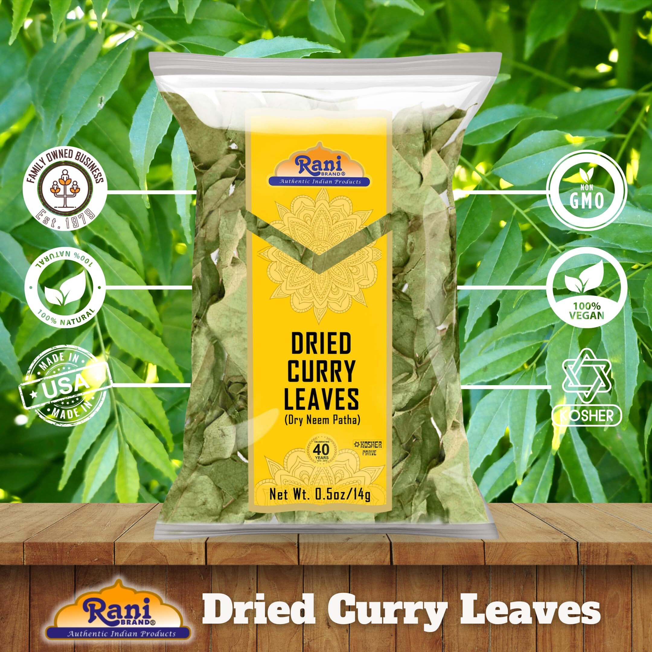 Rani Dried Curry Whole Leaves (Kari Neem Patha) Indian Spice 0.5oz (14g) ~ Non-irradiated, All Natural, Vegan, Gluten Friendly, NON-GMO, Product of USA