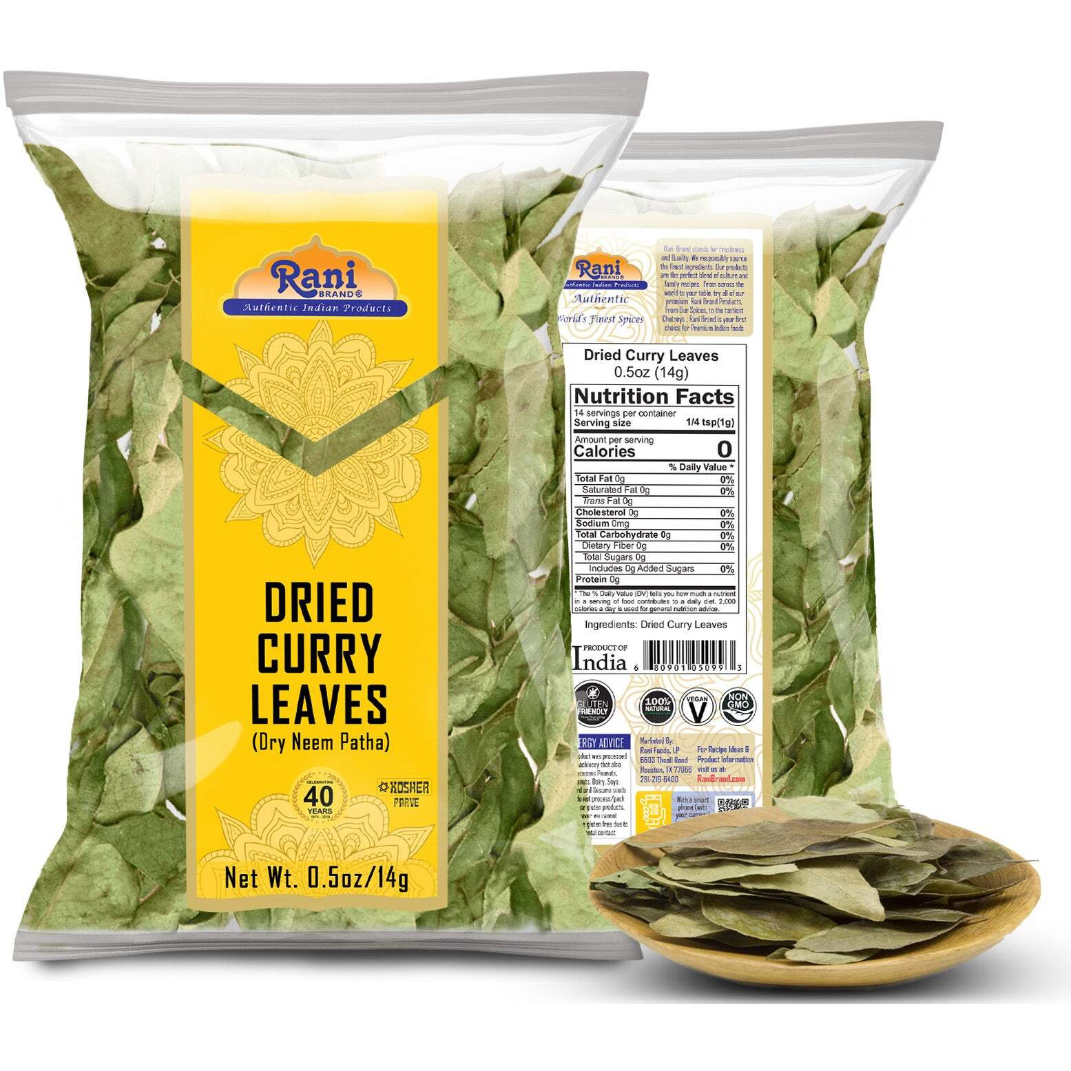 Rani Dried Curry Whole Leaves (Kari Neem Patha) Indian Spice 0.5oz (14g) ~ Non-irradiated, All Natural, Vegan, Gluten Friendly, NON-GMO, Product of USA