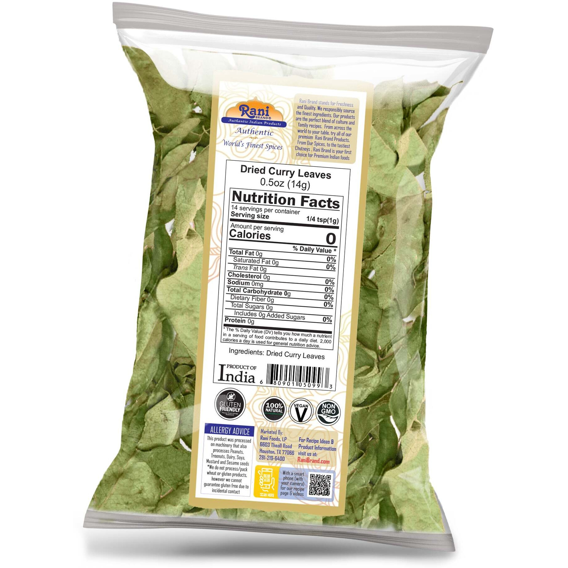 Rani Dried Curry Whole Leaves (Kari Neem Patha) Indian Spice 0.5oz (14g) ~ Non-irradiated, All Natural, Vegan, Gluten Friendly, NON-GMO, Product of USA