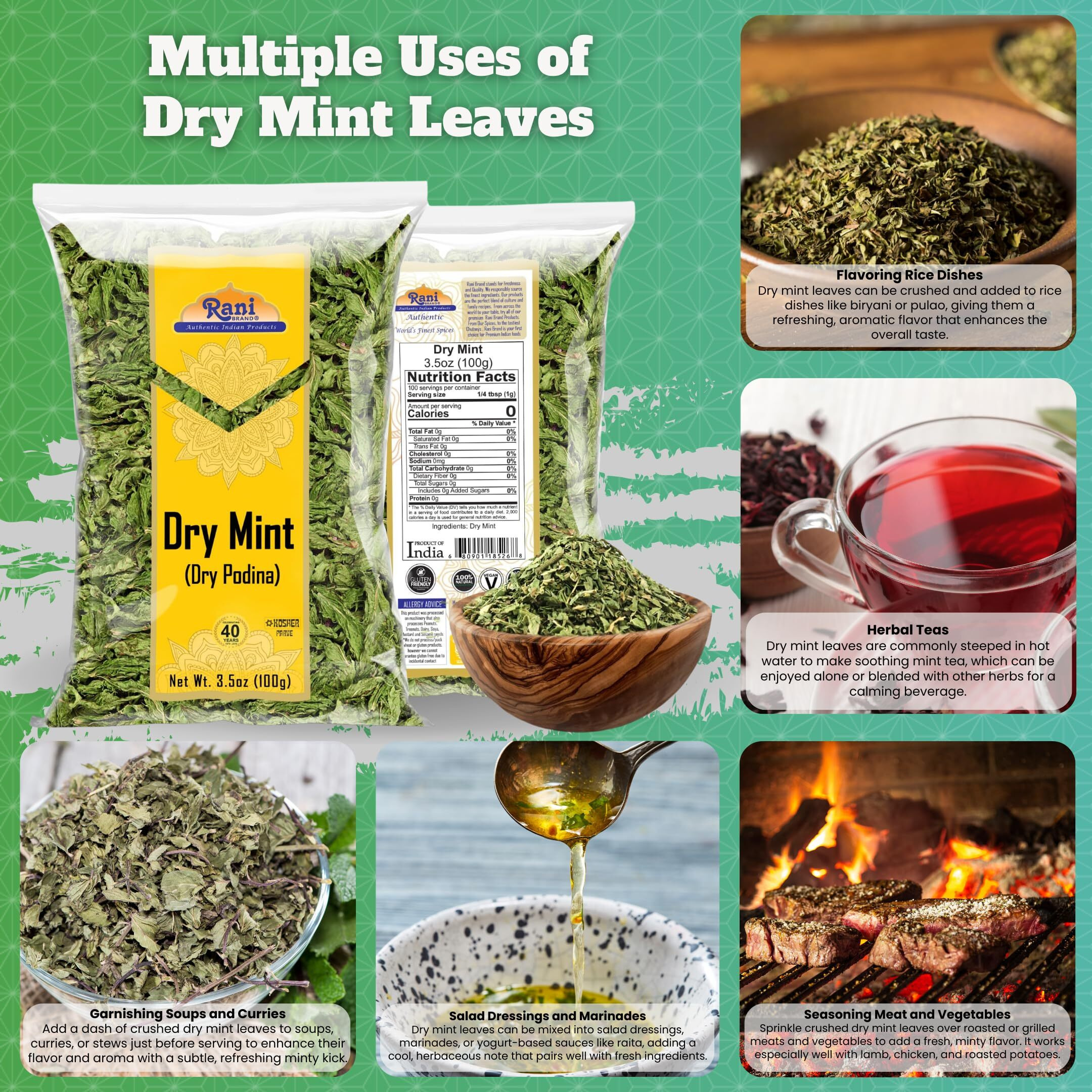 Rani Dry Mint Leaves (Podina Leaf) Spice, Dried Herb 3.5oz (100g) ~ All Natural, Gluten Friendly, NON-GMO, Kosher, Vegan, Indian Origin