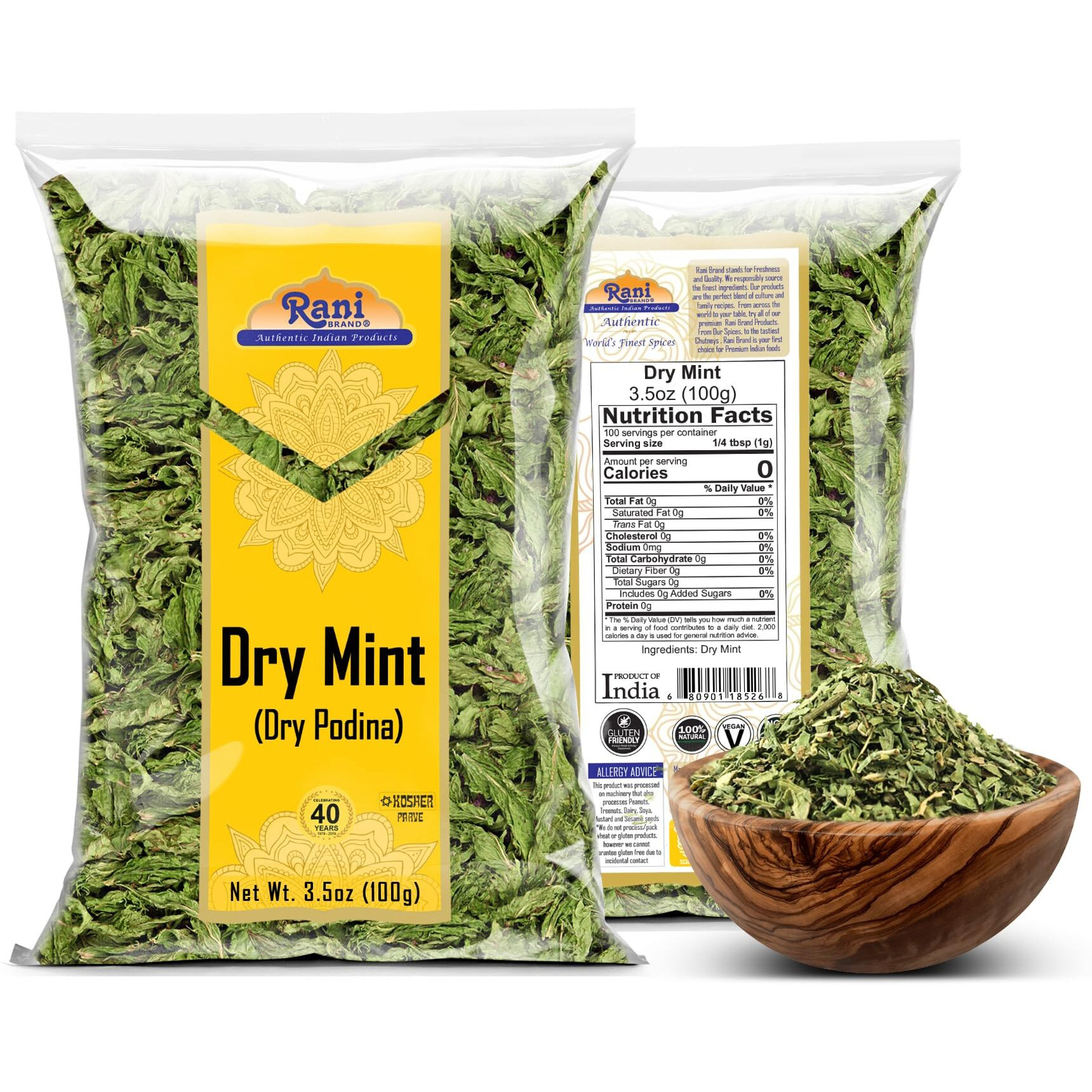 Rani Dry Mint Leaves (Podina Leaf) Spice, Dried Herb 3.5oz (100g) ~ All Natural, Gluten Friendly, NON-GMO, Kosher, Vegan, Indian Origin