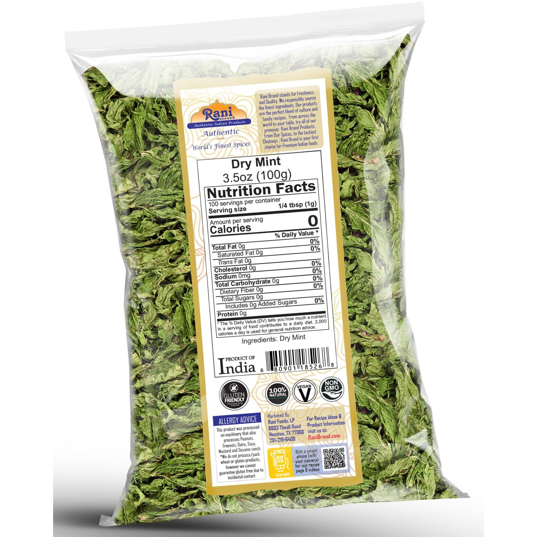 Rani Dry Mint Leaves (Podina Leaf) Spice, Dried Herb 3.5oz (100g) ~ All Natural, Gluten Friendly, NON-GMO, Kosher, Vegan, Indian Origin