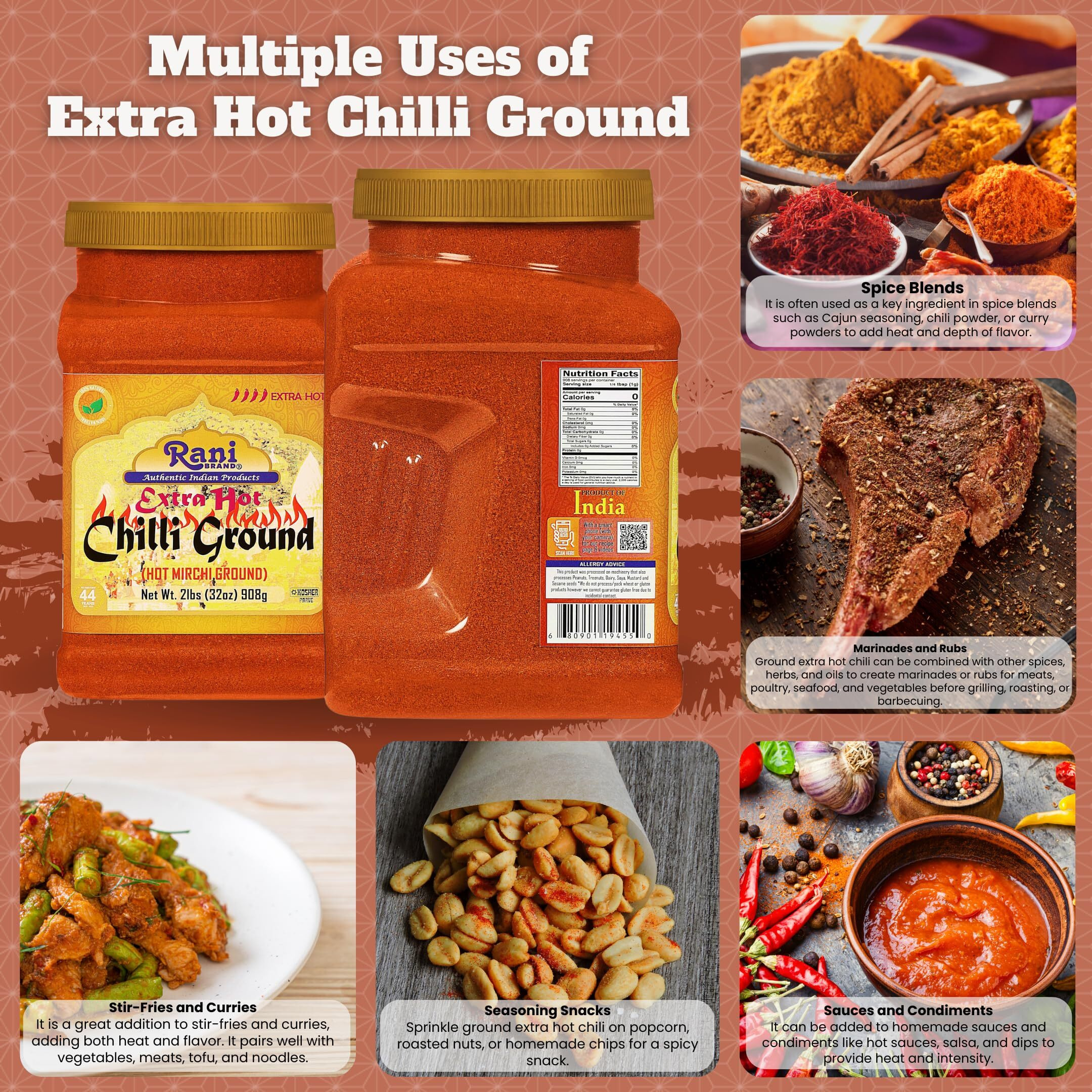 Rani Extra Hot Chilli Powder Indian Spice 32oz (2lbs) 908g PET Jar ~ All Natural, No Color added, Gluten Friendly, Vegan, NON-GMO, Kosher, No Salt or fillers