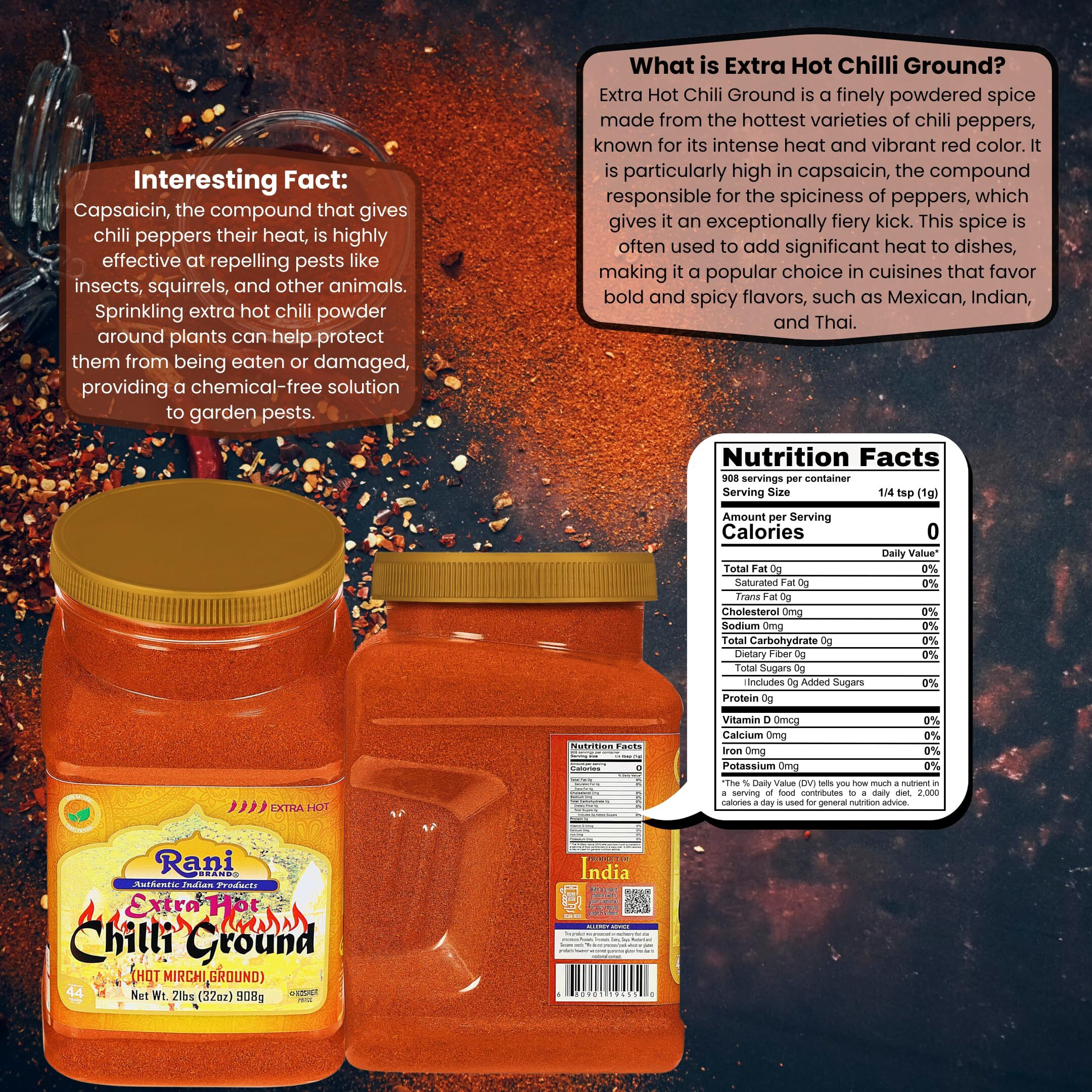 Rani Extra Hot Chilli Powder Indian Spice 32oz (2lbs) 908g PET Jar ~ All Natural, No Color added, Gluten Friendly, Vegan, NON-GMO, Kosher, No Salt or fillers