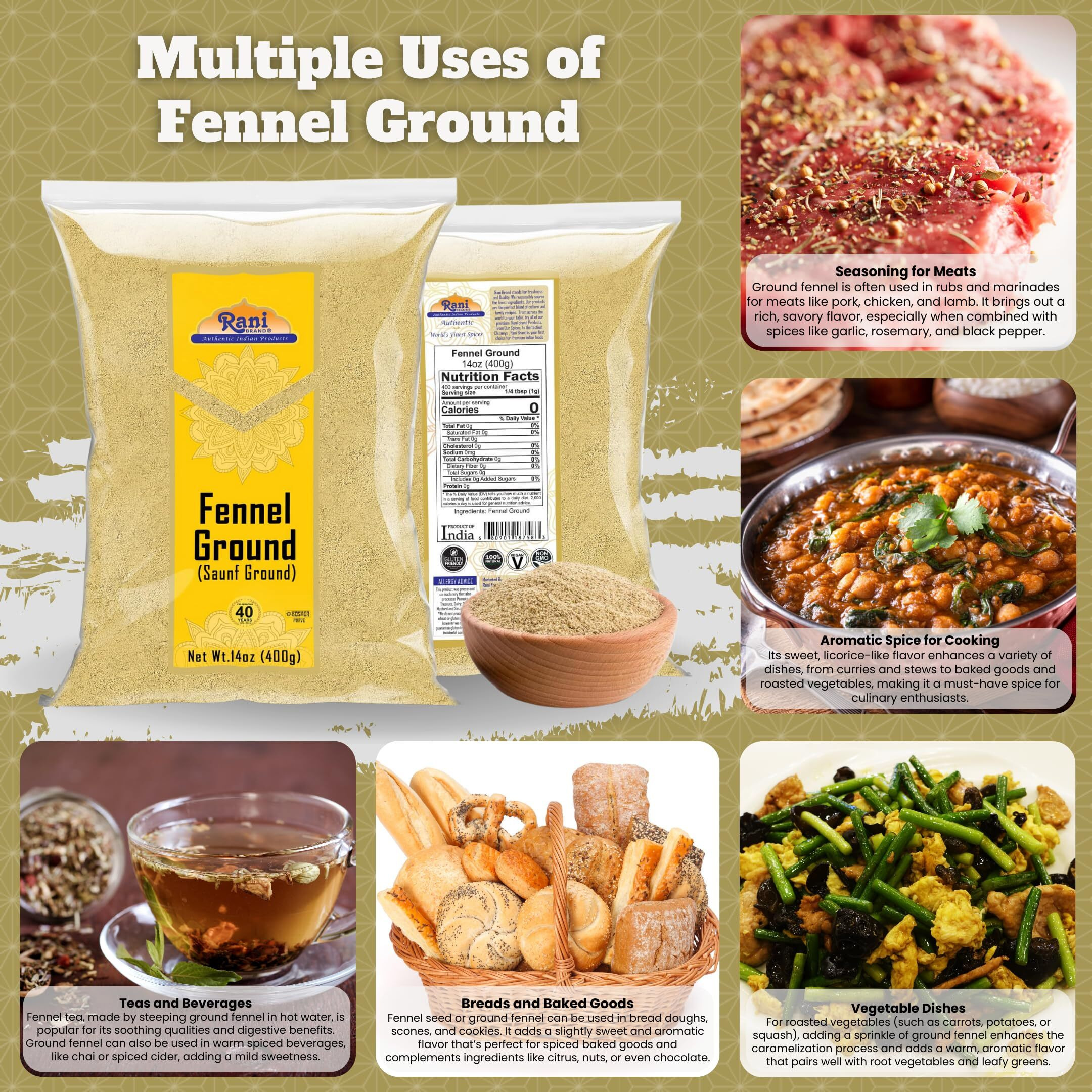 Rani Fennel Ground (Saunf) Powder Spice 14oz (400g) ~ All Natural, Gluten Friendly, NON-GMO, Kosher, Kosher, Vegan, Indian Origin
