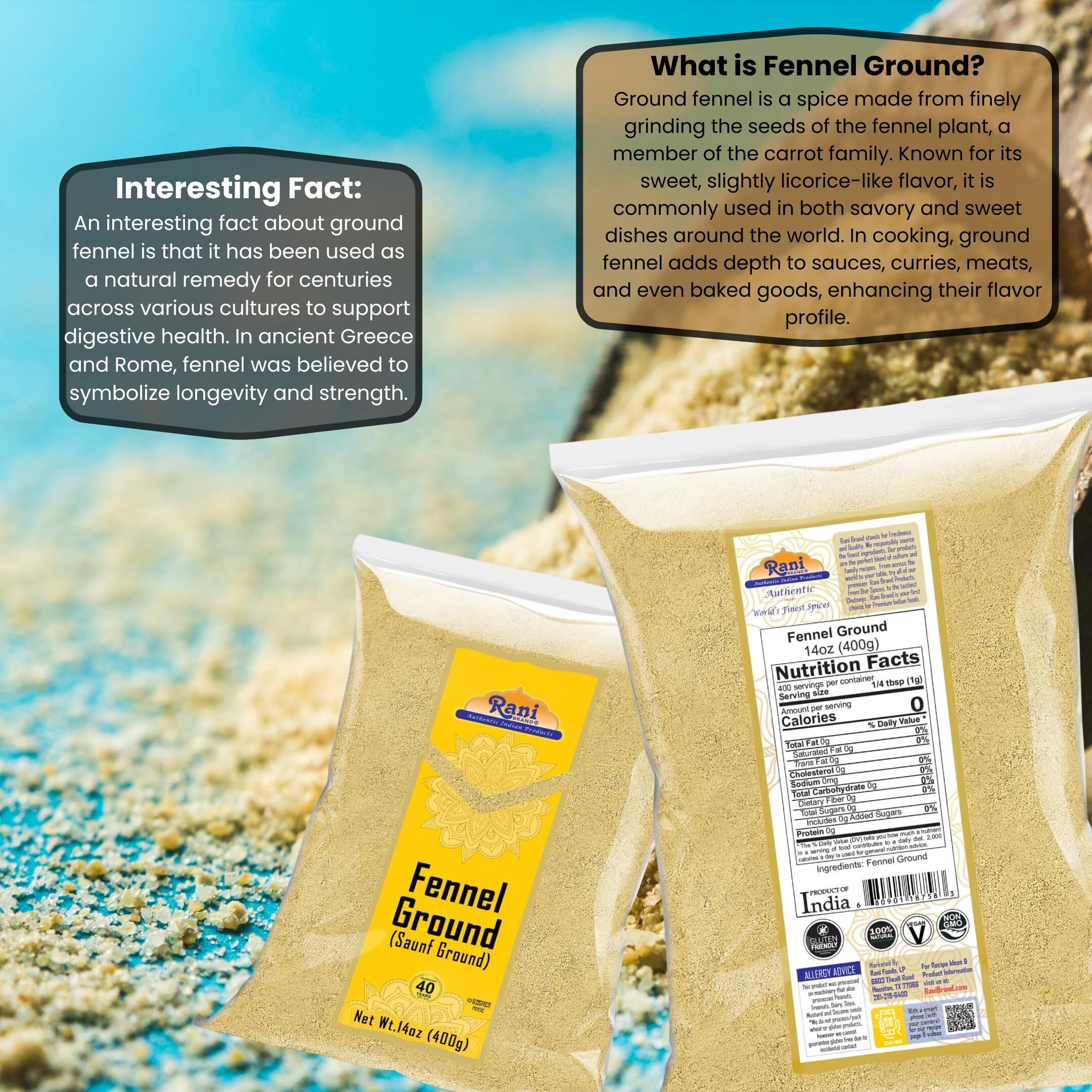 Rani Fennel Ground (Saunf) Powder Spice 14oz (400g) ~ All Natural, Gluten Friendly, NON-GMO, Kosher, Kosher, Vegan, Indian Origin