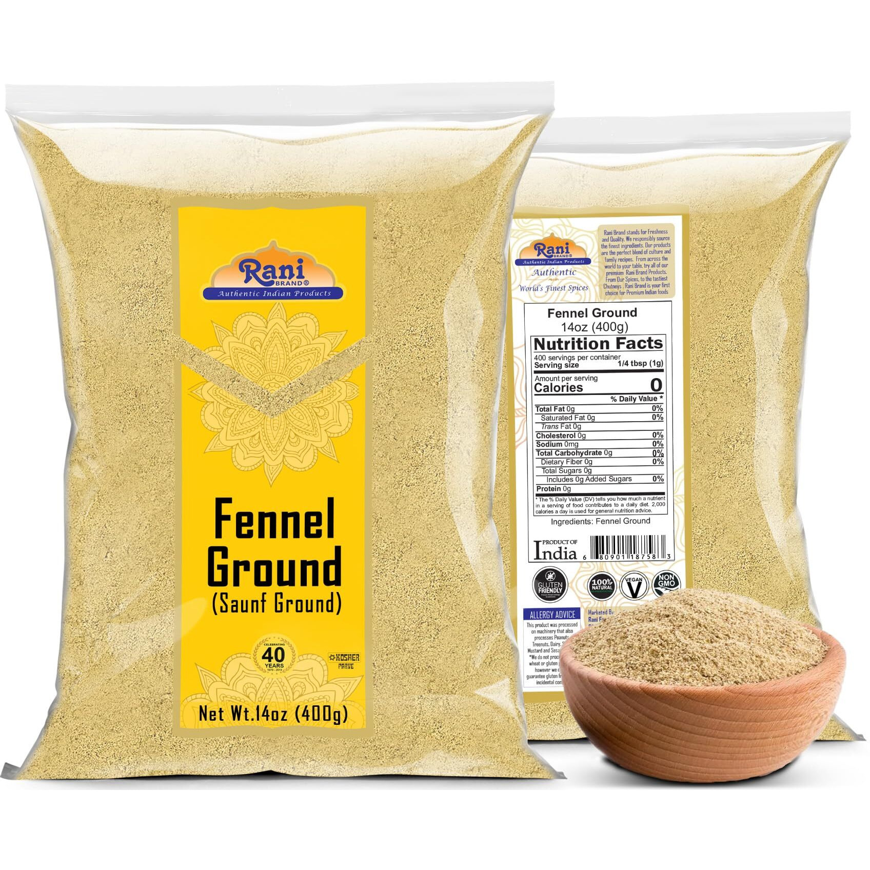 Rani Fennel Ground (Saunf) Powder Spice 14oz (400g) ~ All Natural, Gluten Friendly, NON-GMO, Kosher, Kosher, Vegan, Indian Origin