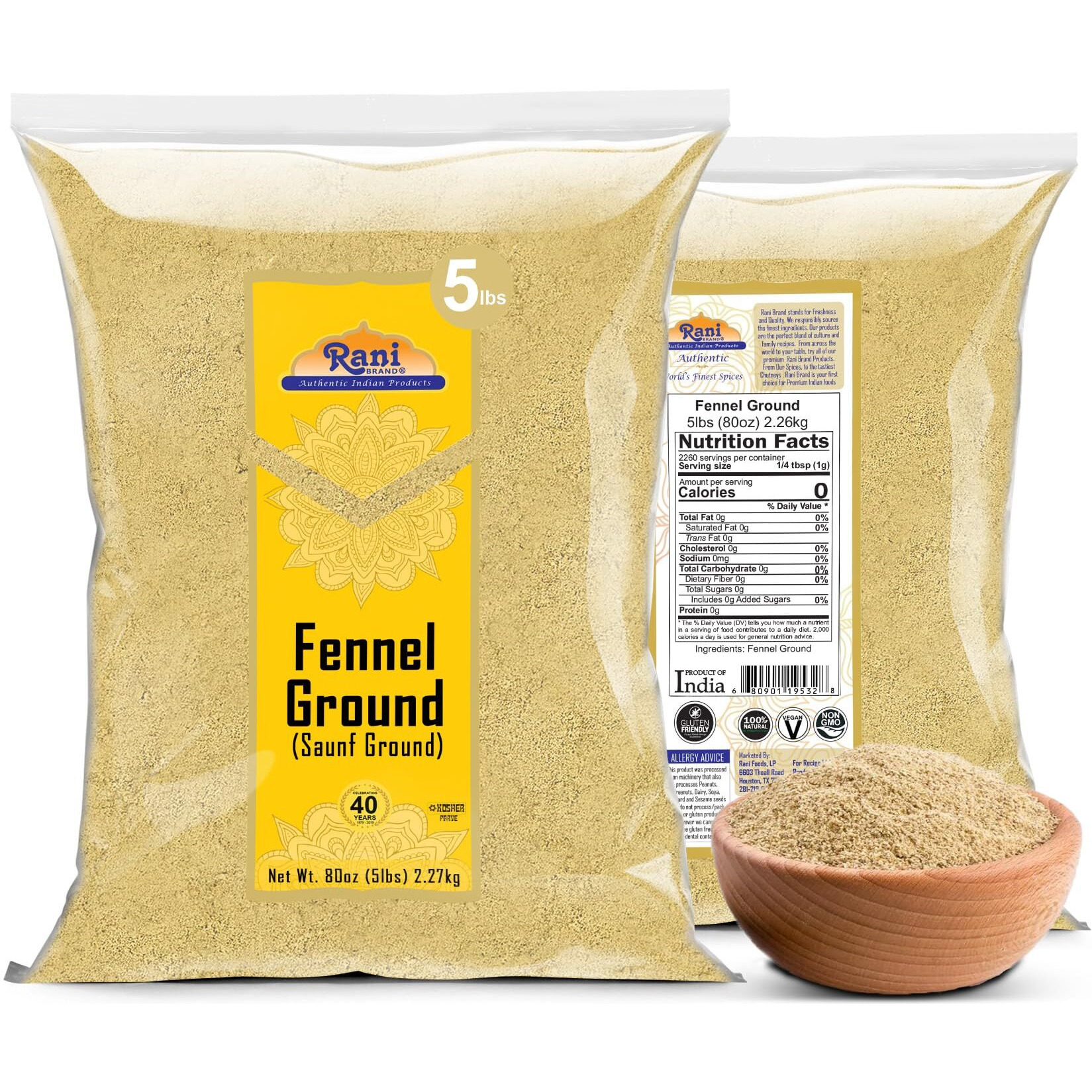 Rani Fennel Ground (Saunf) Powder Spice 80oz (5lbs) 2.27kg Bulk ~ All Natural, Gluten Friendly, NON-GMO, Kosher, Kosher, Vegan, Indian Origin