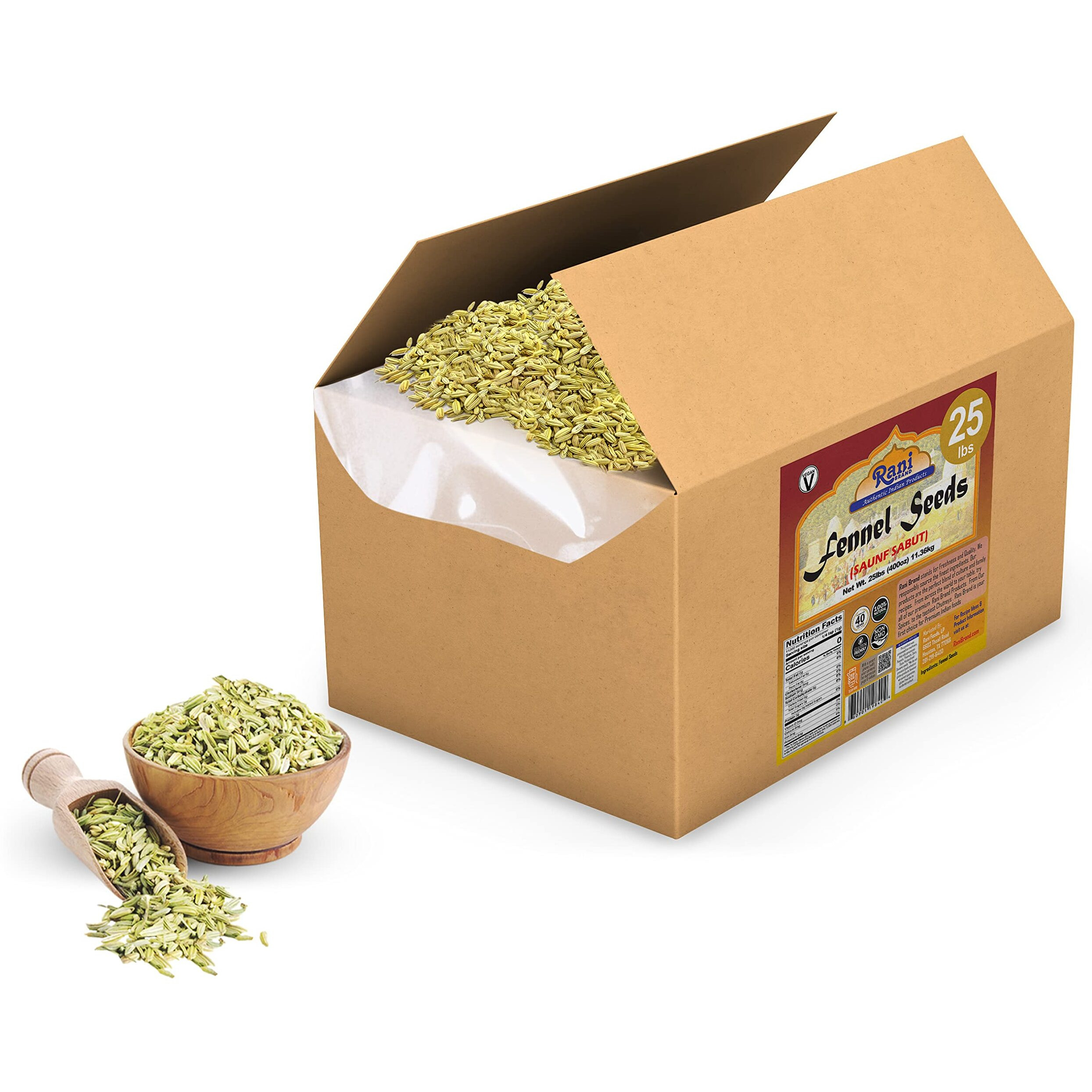 Rani Fennel Seeds (Saunf Sabut) Whole Spice 400oz (25lbs) 11.36kg Bulk Box ~ All Natural, Gluten Friendly, NON-GMO, Kosher, Vegan, Indian Origin
