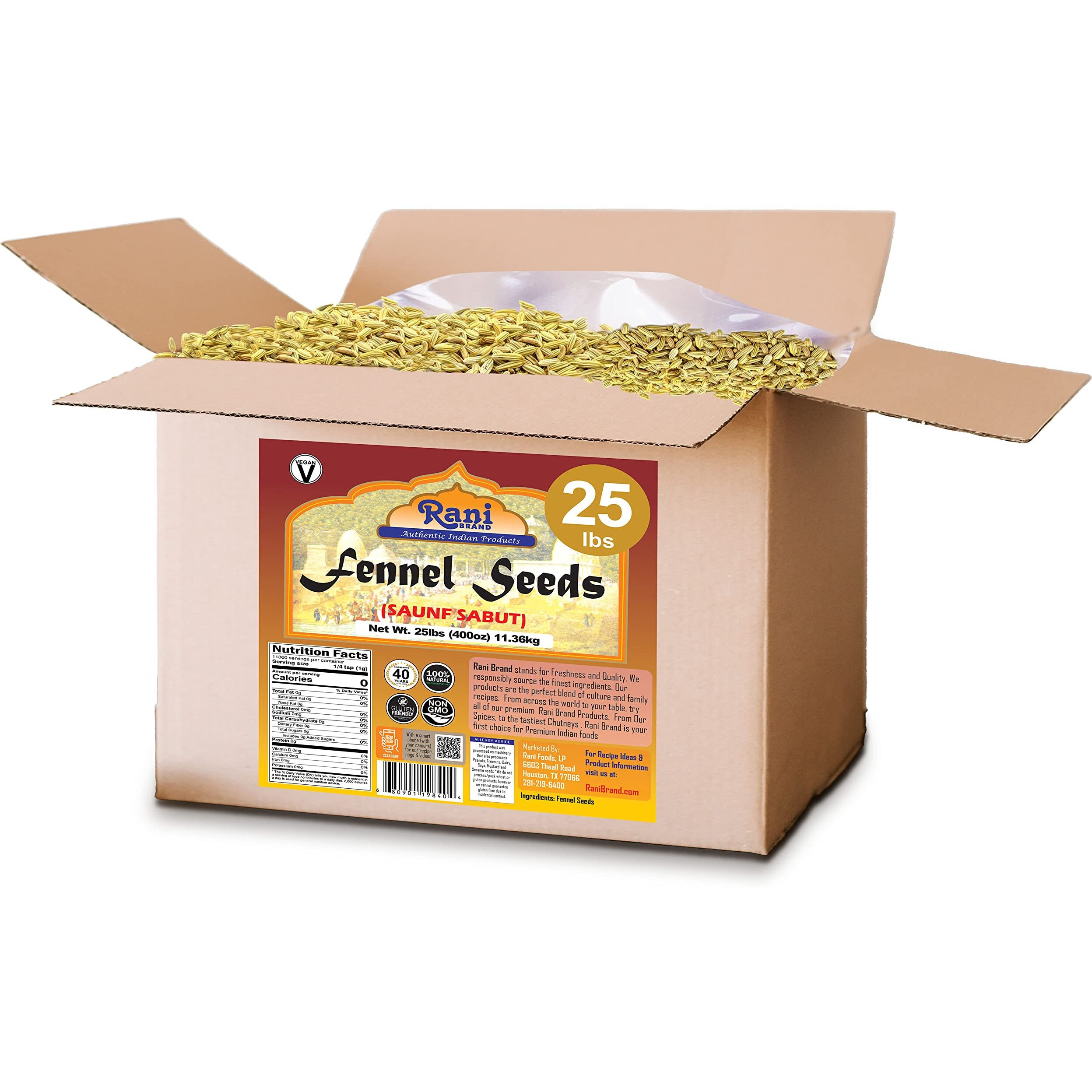 Rani Fennel Seeds (Saunf Sabut) Whole Spice 400oz (25lbs) 11.36kg Bulk Box ~ All Natural, Gluten Friendly, NON-GMO, Kosher, Vegan, Indian Origin