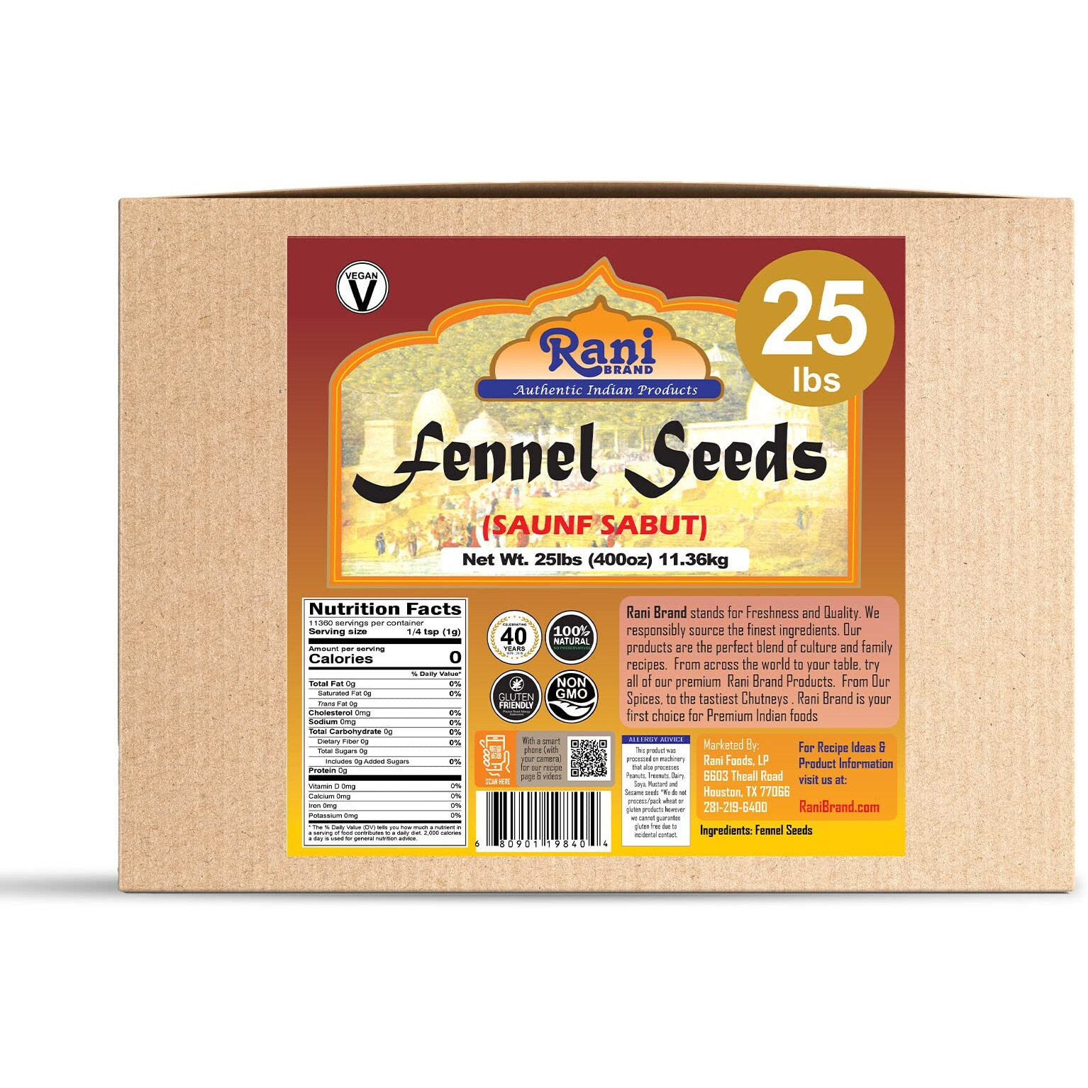 Rani Fennel Seeds (Saunf Sabut) Whole Spice 400oz (25lbs) 11.36kg Bulk Box ~ All Natural, Gluten Friendly, NON-GMO, Kosher, Vegan, Indian Origin