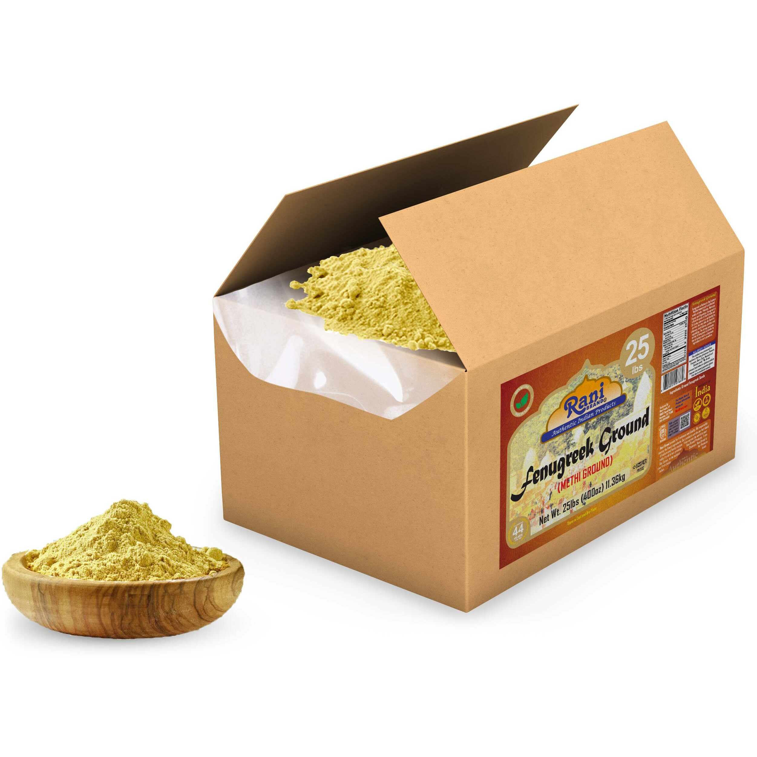 Rani Fenugreek (Methi) Seeds Ground Powder 400oz (25lb) 11.36kg Bulk Box, Trigonella foenum graecum ~ All Natural, Vegan, Gluten Friendly, Kosher, Indian Origin, used in cooking & Ayurvedic spice