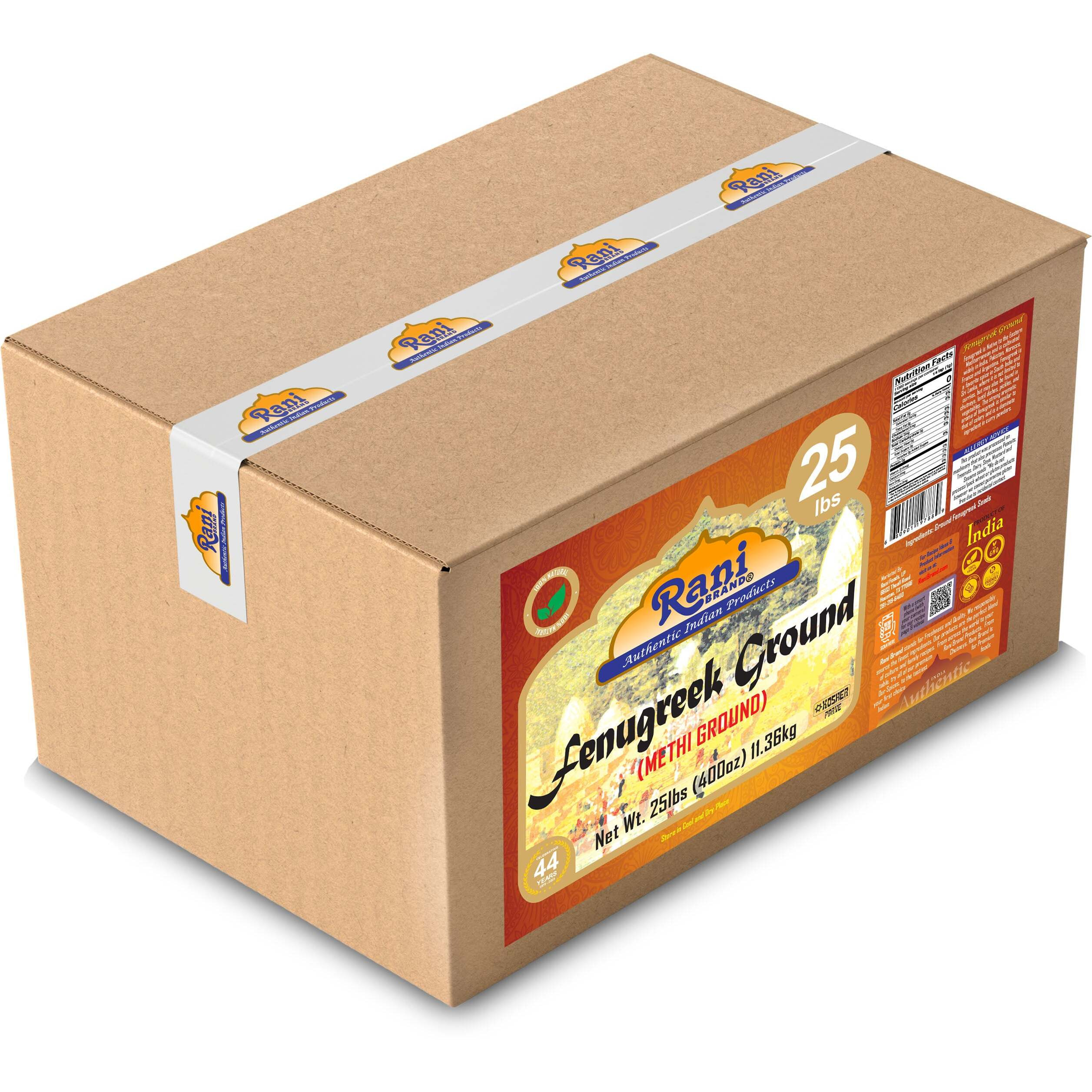 Rani Fenugreek (Methi) Seeds Ground Powder 400oz (25lb) 11.36kg Bulk Box, Trigonella foenum graecum ~ All Natural, Vegan, Gluten Friendly, Kosher, Indian Origin, used in cooking & Ayurvedic spice