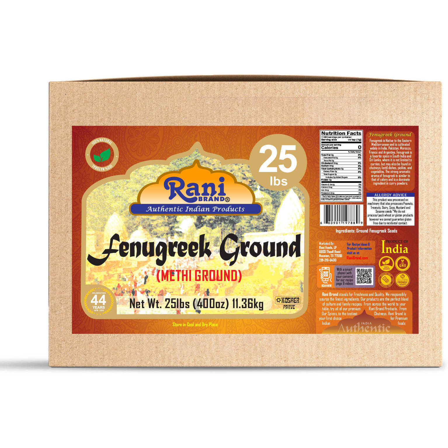 Rani Fenugreek (Methi) Seeds Ground Powder 400oz (25lb) 11.36kg Bulk Box, Trigonella foenum graecum ~ All Natural, Vegan, Gluten Friendly, Kosher, Indian Origin, used in cooking & Ayurvedic spice