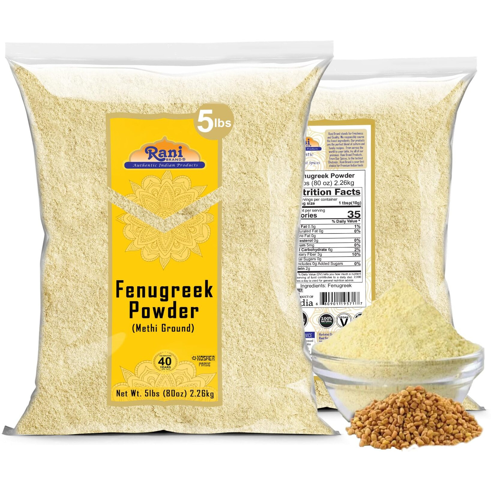 Rani Fenugreek (Methi) Seeds Ground Powder 80oz (5lbs) 2.27kg Trigonella foenum graecum ~ All Natural, Vegan, Gluten Friendly, Non-GMO, Kosher| Indian Origin, used in cooking & Ayurvedic spice
