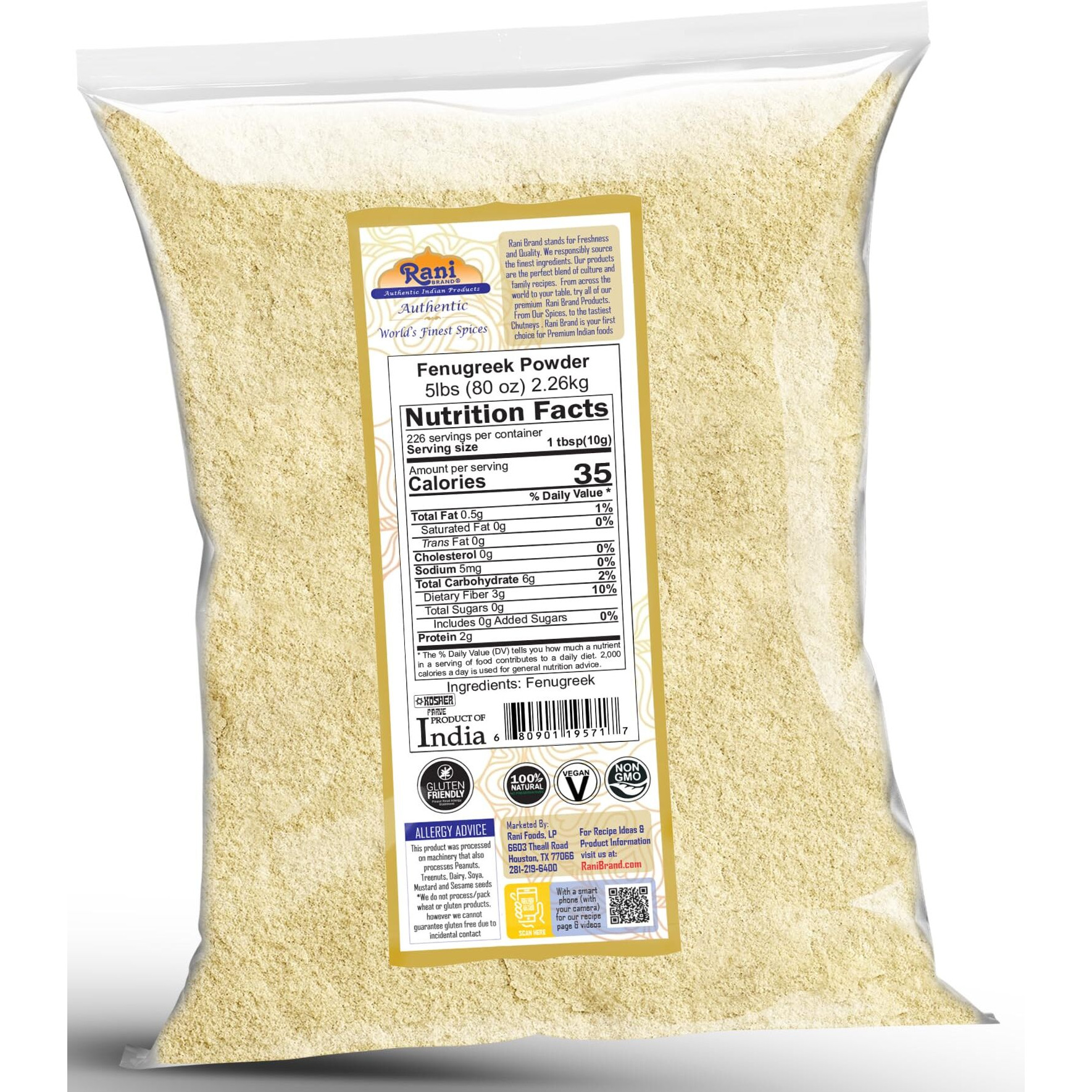 Rani Fenugreek (Methi) Seeds Ground Powder 80oz (5lbs) 2.27kg Trigonella foenum graecum ~ All Natural, Vegan, Gluten Friendly, Non-GMO, Kosher| Indian Origin, used in cooking & Ayurvedic spice