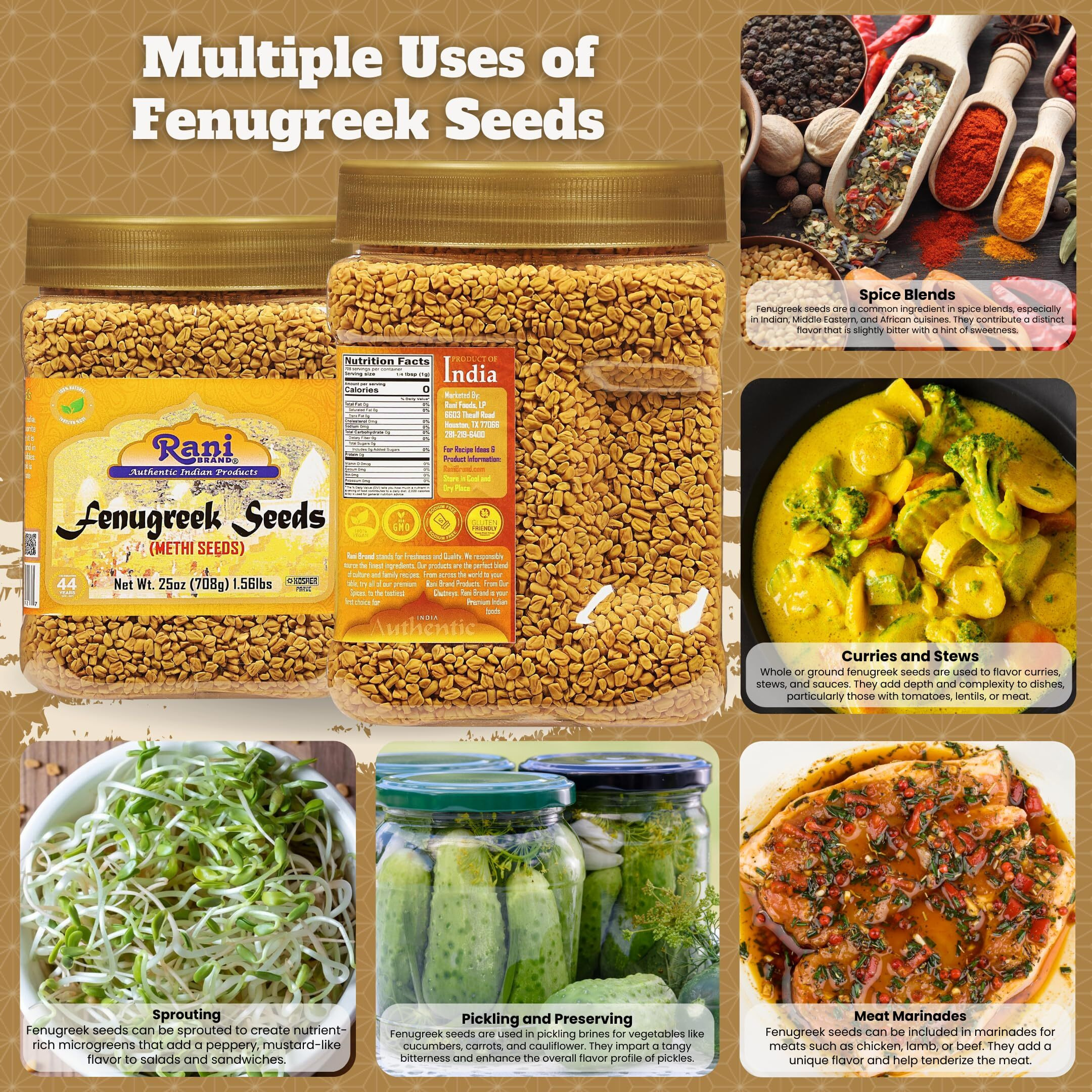 Rani Fenugreek (Methi) Seeds Whole 25oz (1.56lbs) 708g PET Jar, Trigonella foenum graecum ~ All Natural, Vegan, Gluten Friendly, Non-GMO, Kosher, Indian Origin, used in cooking & Ayurvedic spice