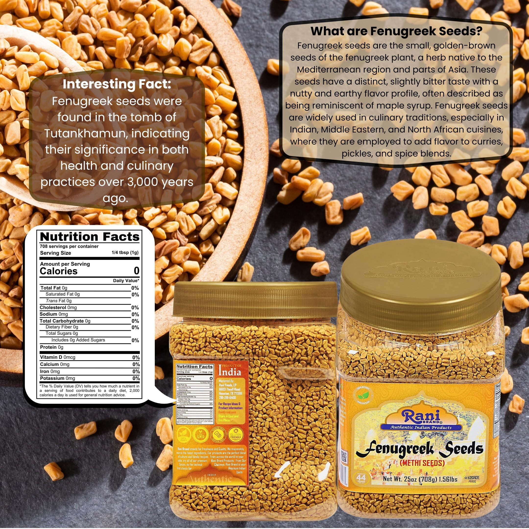 Rani Fenugreek (Methi) Seeds Whole 25oz (1.56lbs) 708g PET Jar, Trigonella foenum graecum ~ All Natural, Vegan, Gluten Friendly, Non-GMO, Kosher, Indian Origin, used in cooking & Ayurvedic spice