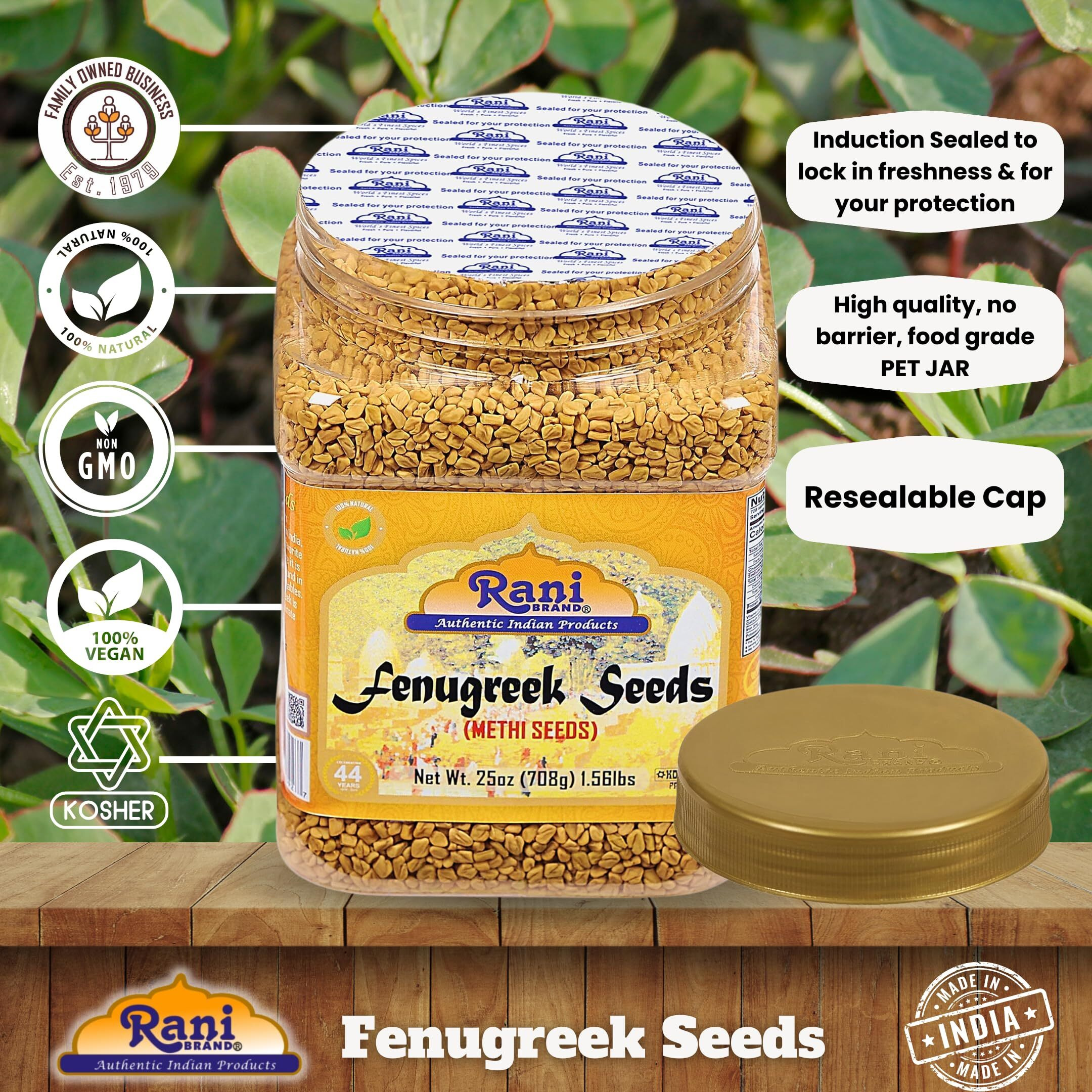 Rani Fenugreek (Methi) Seeds Whole 25oz (1.56lbs) 708g PET Jar, Trigonella foenum graecum ~ All Natural, Vegan, Gluten Friendly, Non-GMO, Kosher, Indian Origin, used in cooking & Ayurvedic spice