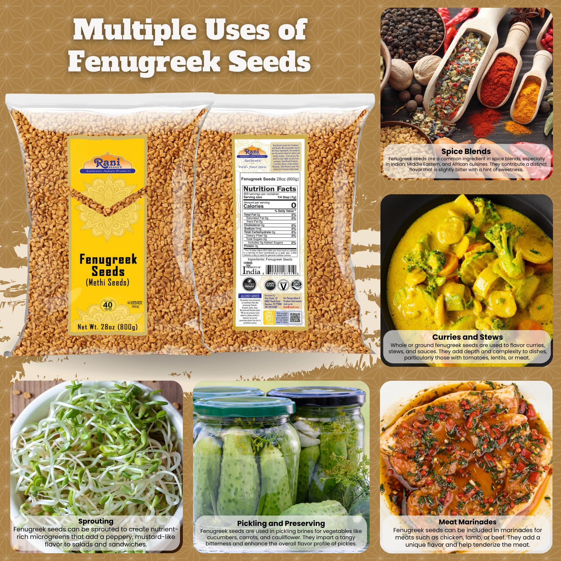 Rani Fenugreek (Methi) Seeds Whole 28oz (800g) Trigonella foenum graecum ~ All Natural, Vegan, Gluten Friendly, Non-GMO, Kosher, Indian Origin, used in cooking & Ayurvedic spice