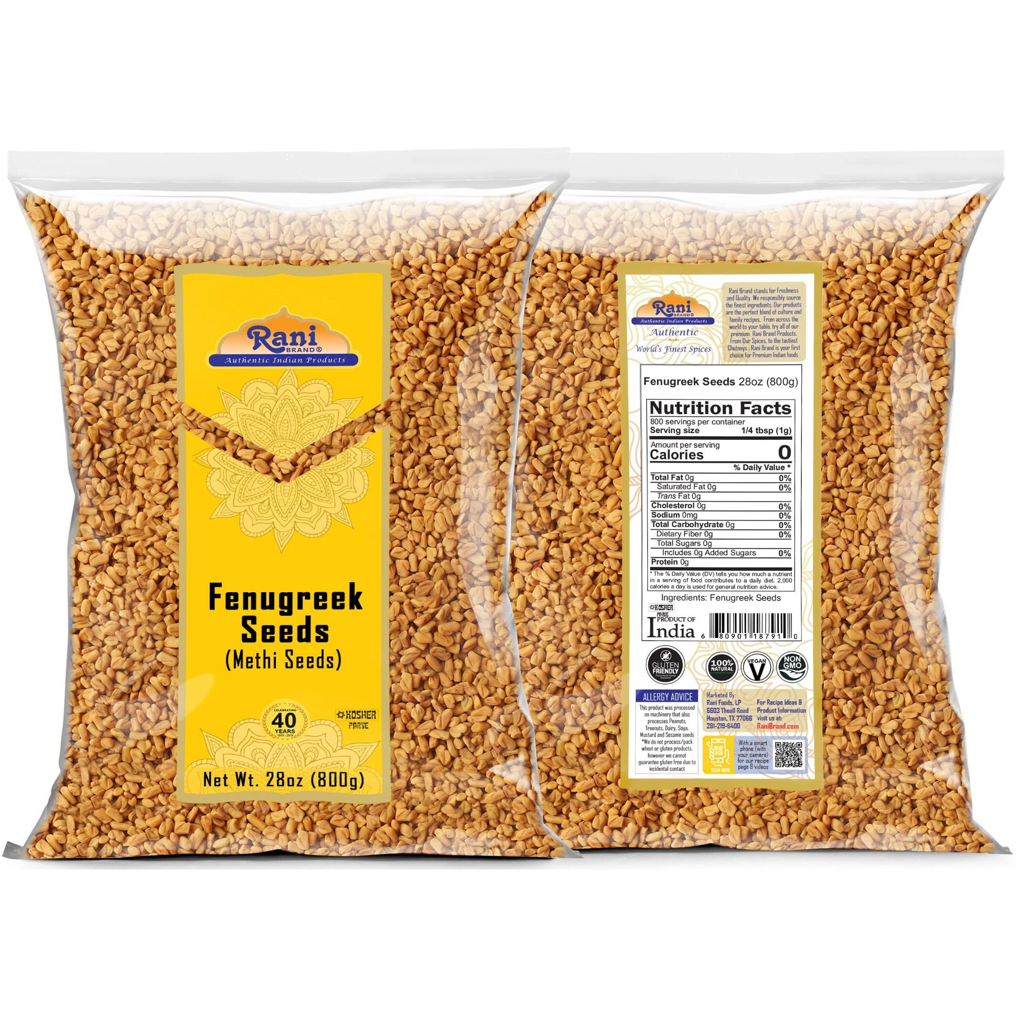 Rani Fenugreek (Methi) Seeds Whole 28oz (800g) Trigonella foenum graecum ~ All Natural, Vegan, Gluten Friendly, Non-GMO, Kosher, Indian Origin, used in cooking & Ayurvedic spice
