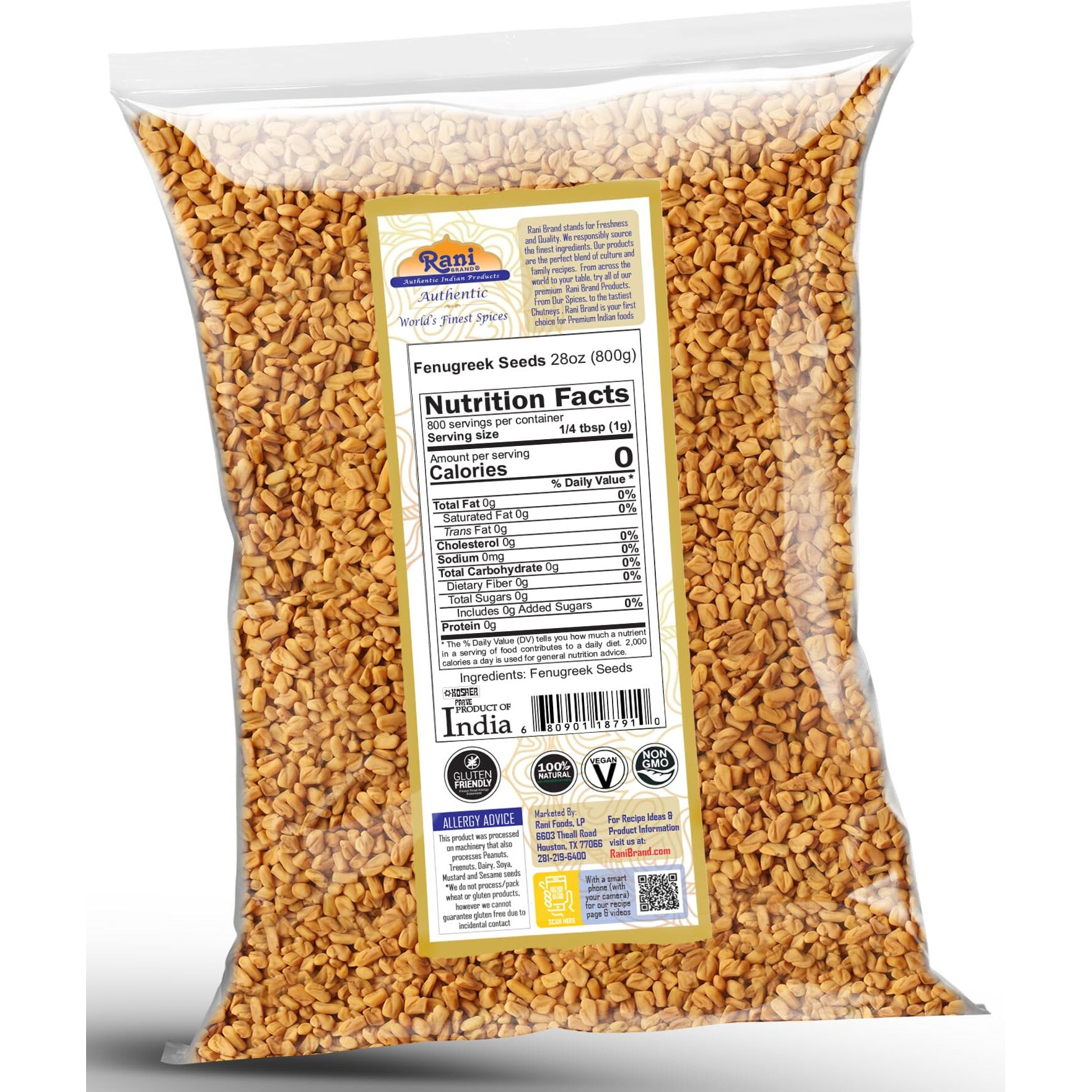 Rani Fenugreek (Methi) Seeds Whole 28oz (800g) Trigonella foenum graecum ~ All Natural, Vegan, Gluten Friendly, Non-GMO, Kosher, Indian Origin, used in cooking & Ayurvedic spice