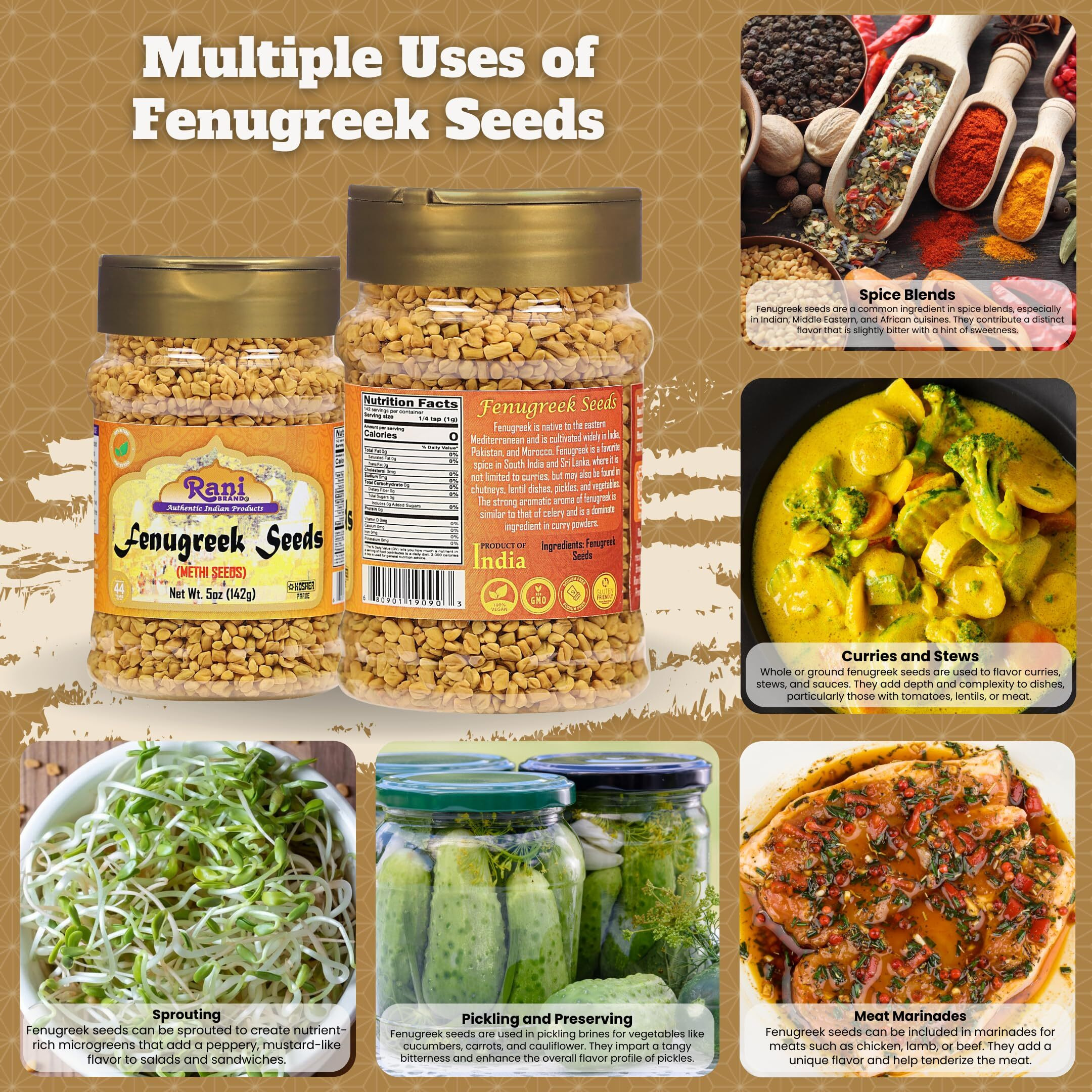 Rani Fenugreek (Methi) Seeds Whole 5oz (141g) PET Jar, Trigonella foenum graecum ~ All Natural, Vegan, Gluten Friendly, Non-GMO, Indian Origin, used in cooking & Ayurvedic spice