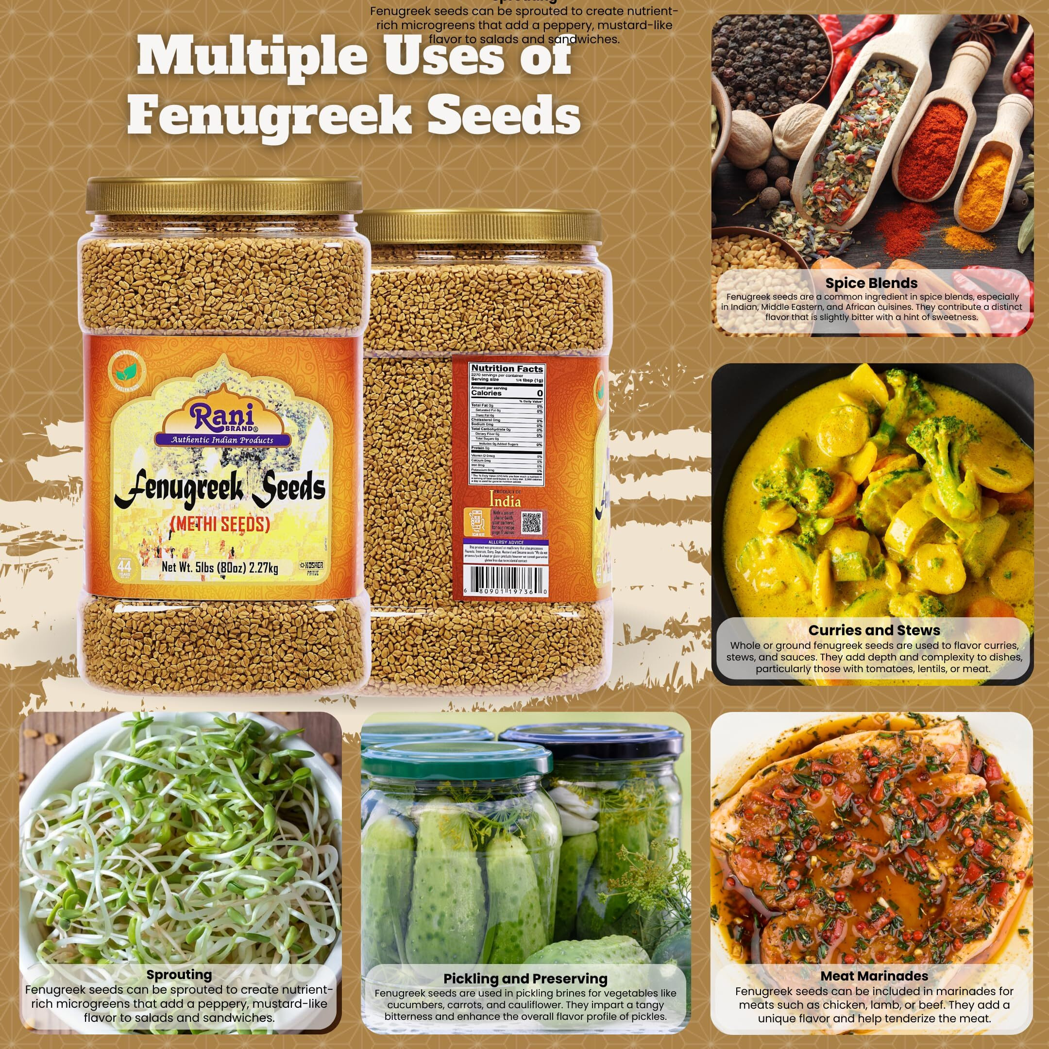 Rani Fenugreek (Methi) Seeds Whole 80oz (5lbs) 2.27kg Bulk PET Jar, Trigonella foenum graecum ~ All Natural, Vegan, Gluten Friendly, Non-GMO, Kosher, Indian Origin, used in cooking & Ayurvedic