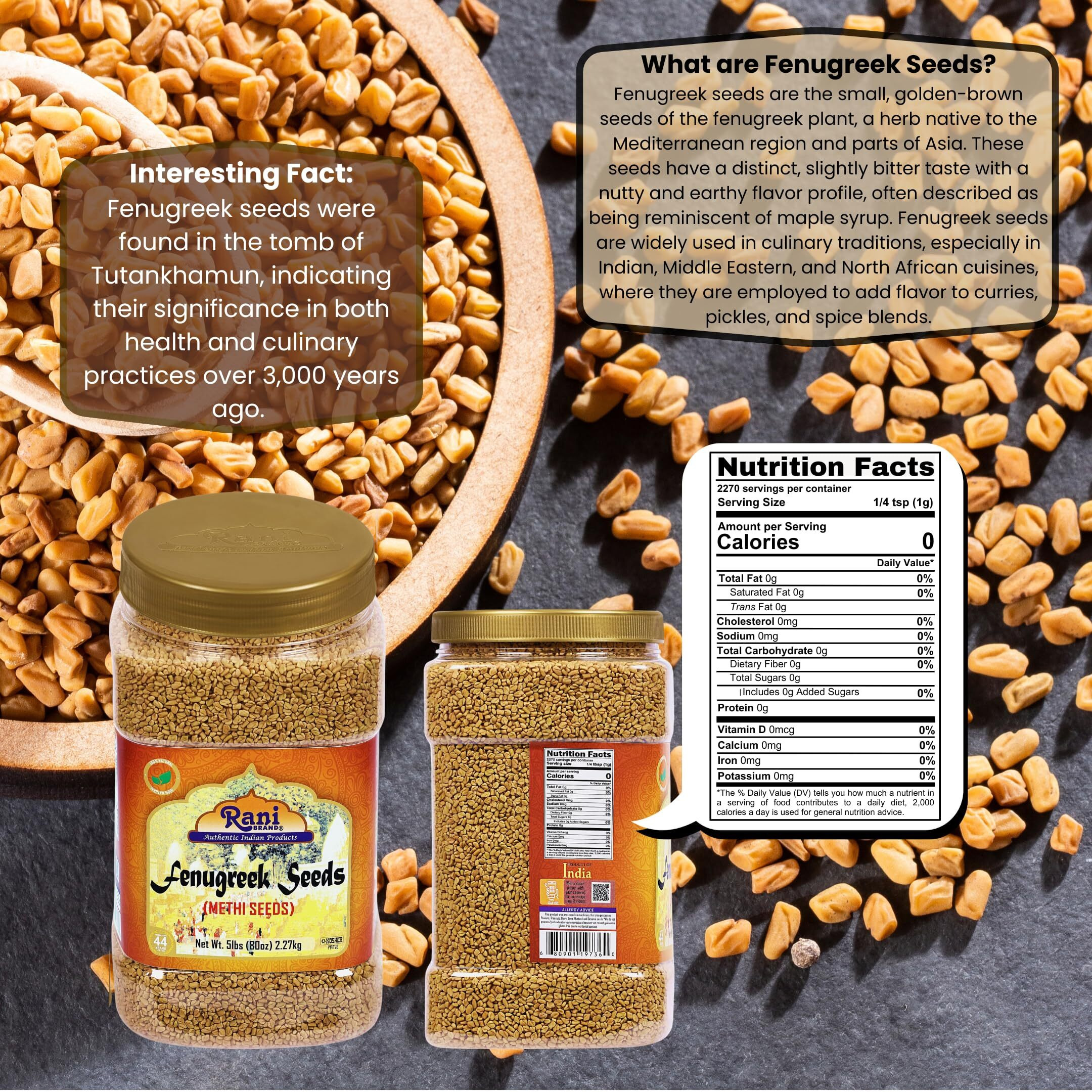 Rani Fenugreek (Methi) Seeds Whole 80oz (5lbs) 2.27kg Bulk PET Jar, Trigonella foenum graecum ~ All Natural, Vegan, Gluten Friendly, Non-GMO, Kosher, Indian Origin, used in cooking & Ayurvedic