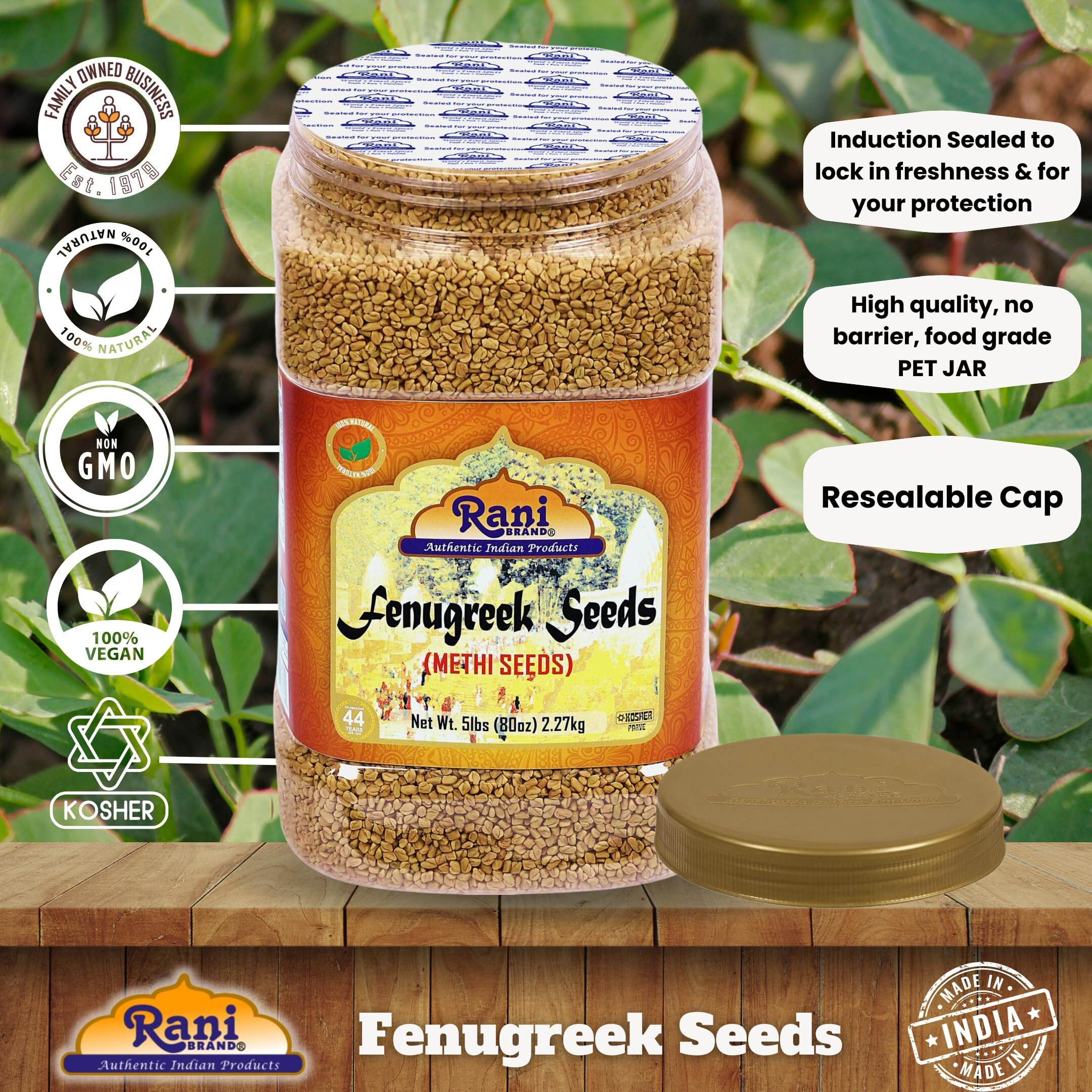 Rani Fenugreek (Methi) Seeds Whole 80oz (5lbs) 2.27kg Bulk PET Jar, Trigonella foenum graecum ~ All Natural, Vegan, Gluten Friendly, Non-GMO, Kosher, Indian Origin, used in cooking & Ayurvedic