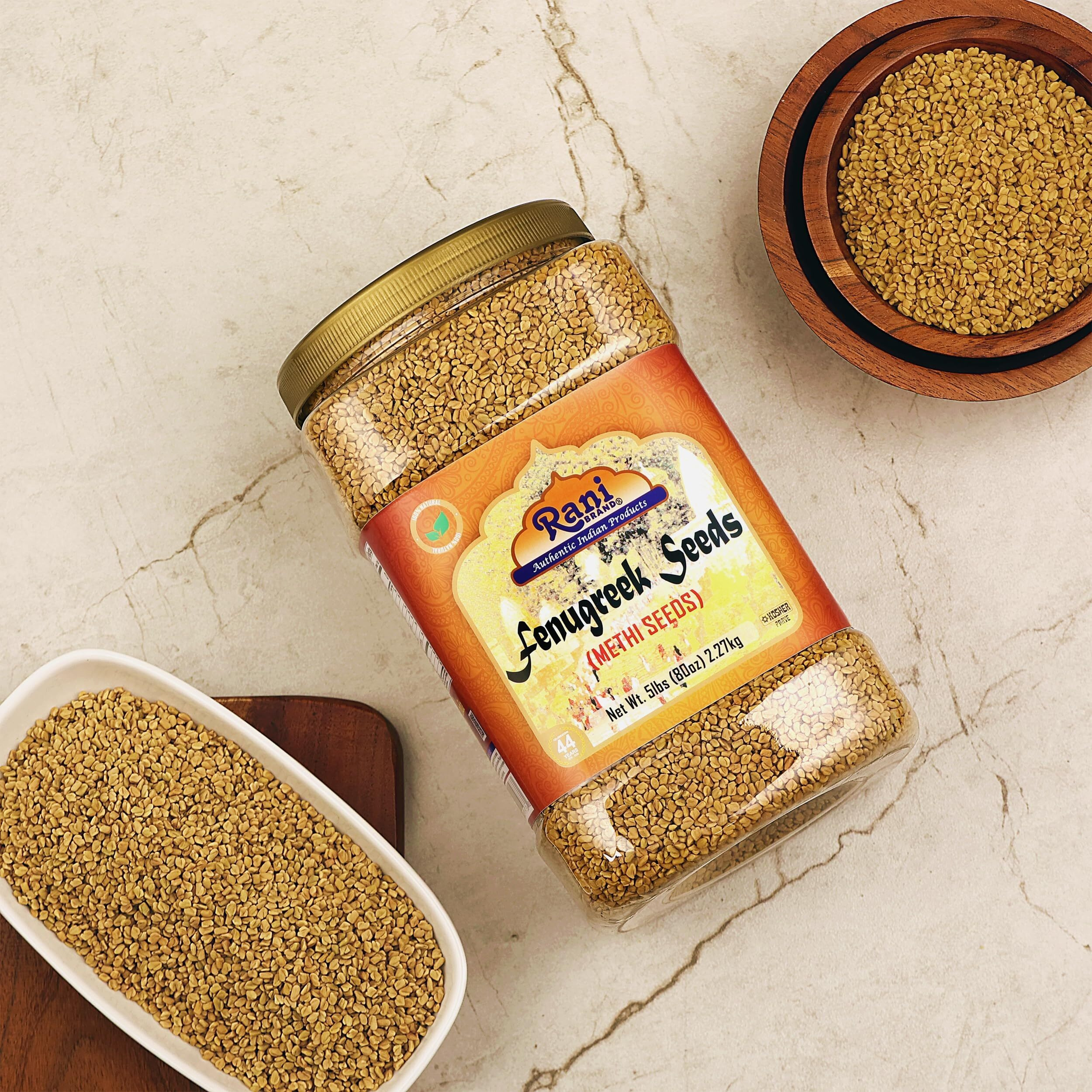 Rani Fenugreek (Methi) Seeds Whole 80oz (5lbs) 2.27kg Bulk PET Jar, Trigonella foenum graecum ~ All Natural, Vegan, Gluten Friendly, Non-GMO, Kosher, Indian Origin, used in cooking & Ayurvedic