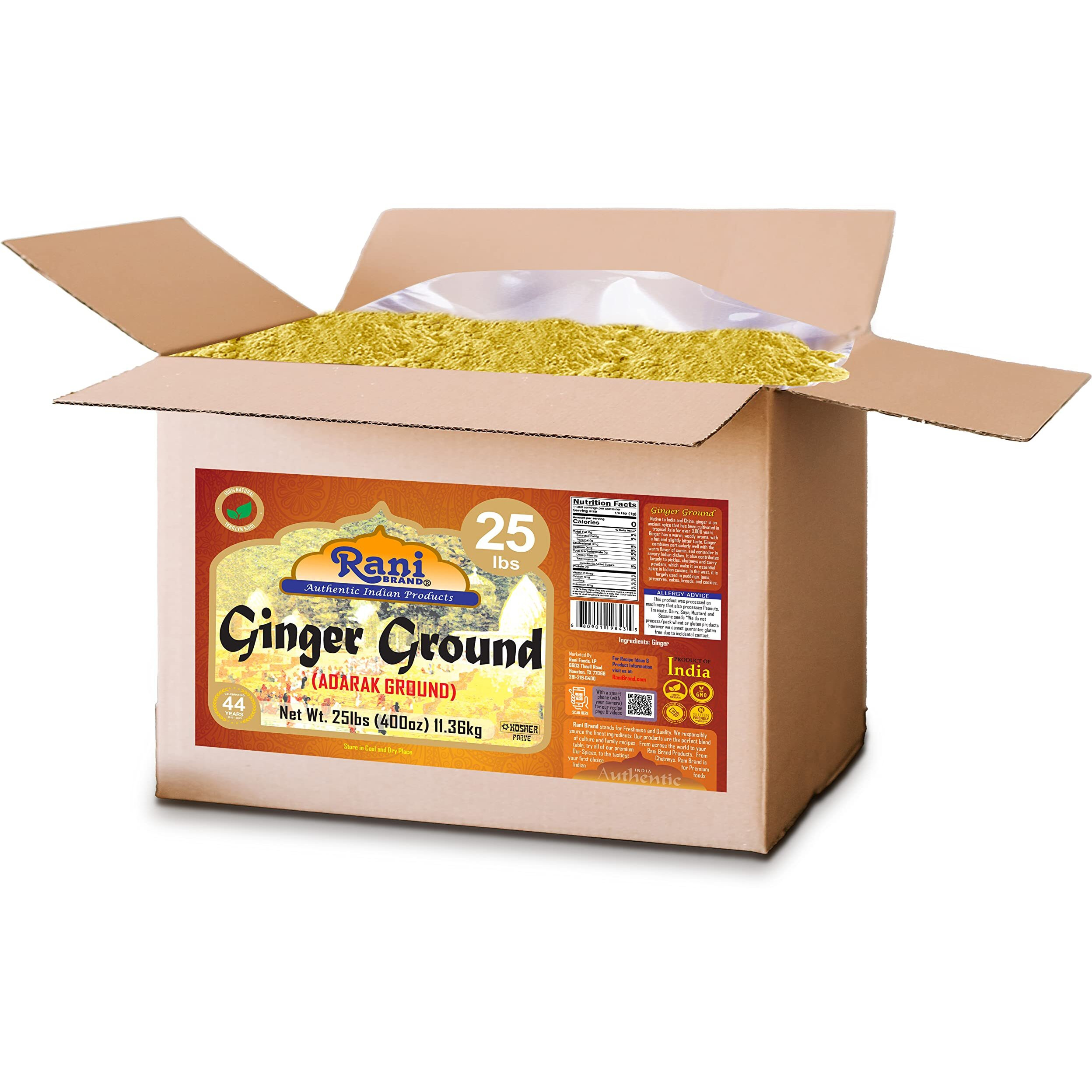Rani Ginger (Adarak) Powder Ground, Spice 400oz (25lb) 11.36kg Bulk Box ~ All Natural, Vegan, Gluten Friendly, NON-GMO, Indian Origin