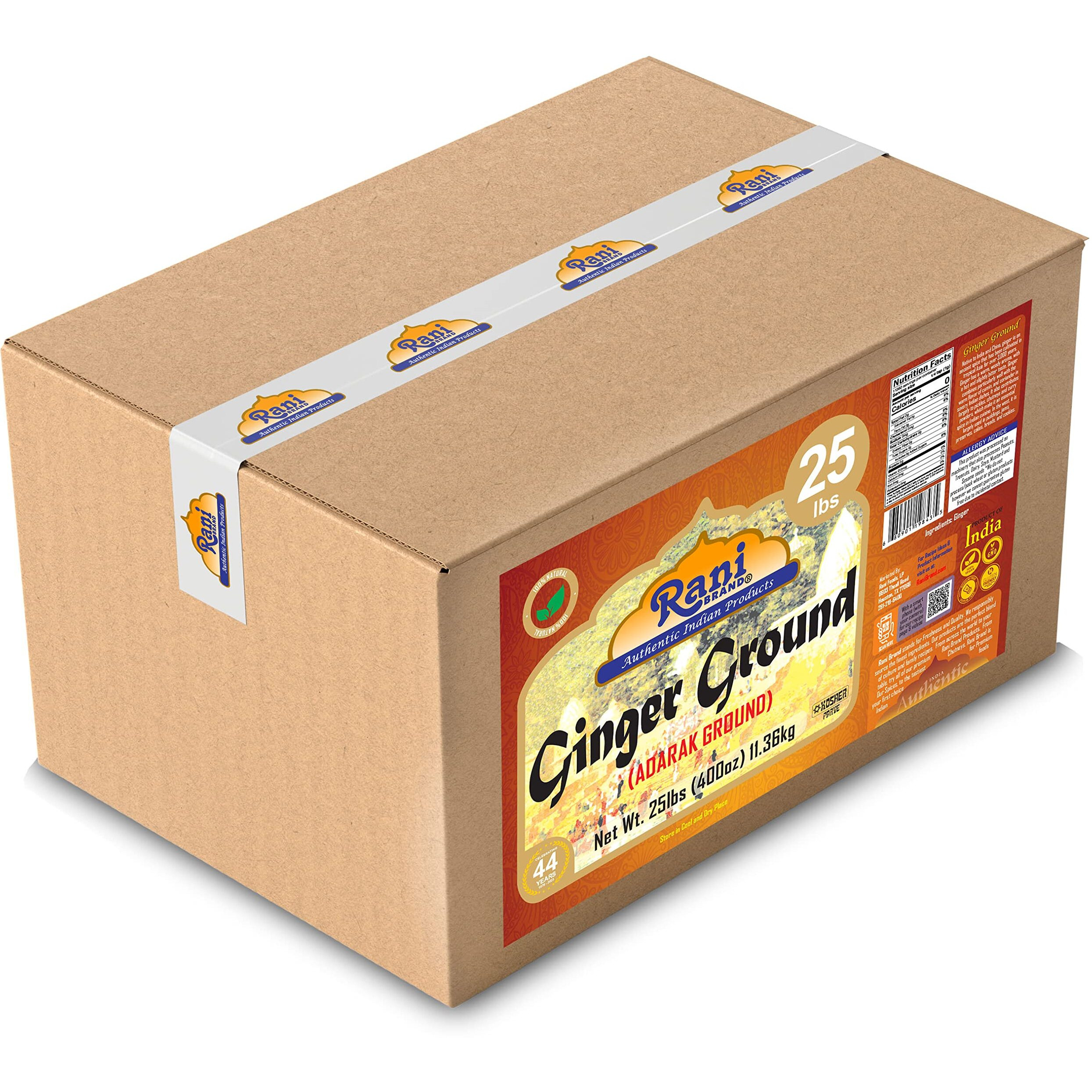 Rani Ginger (Adarak) Powder Ground, Spice 400oz (25lb) 11.36kg Bulk Box ~ All Natural, Vegan, Gluten Friendly, NON-GMO, Indian Origin