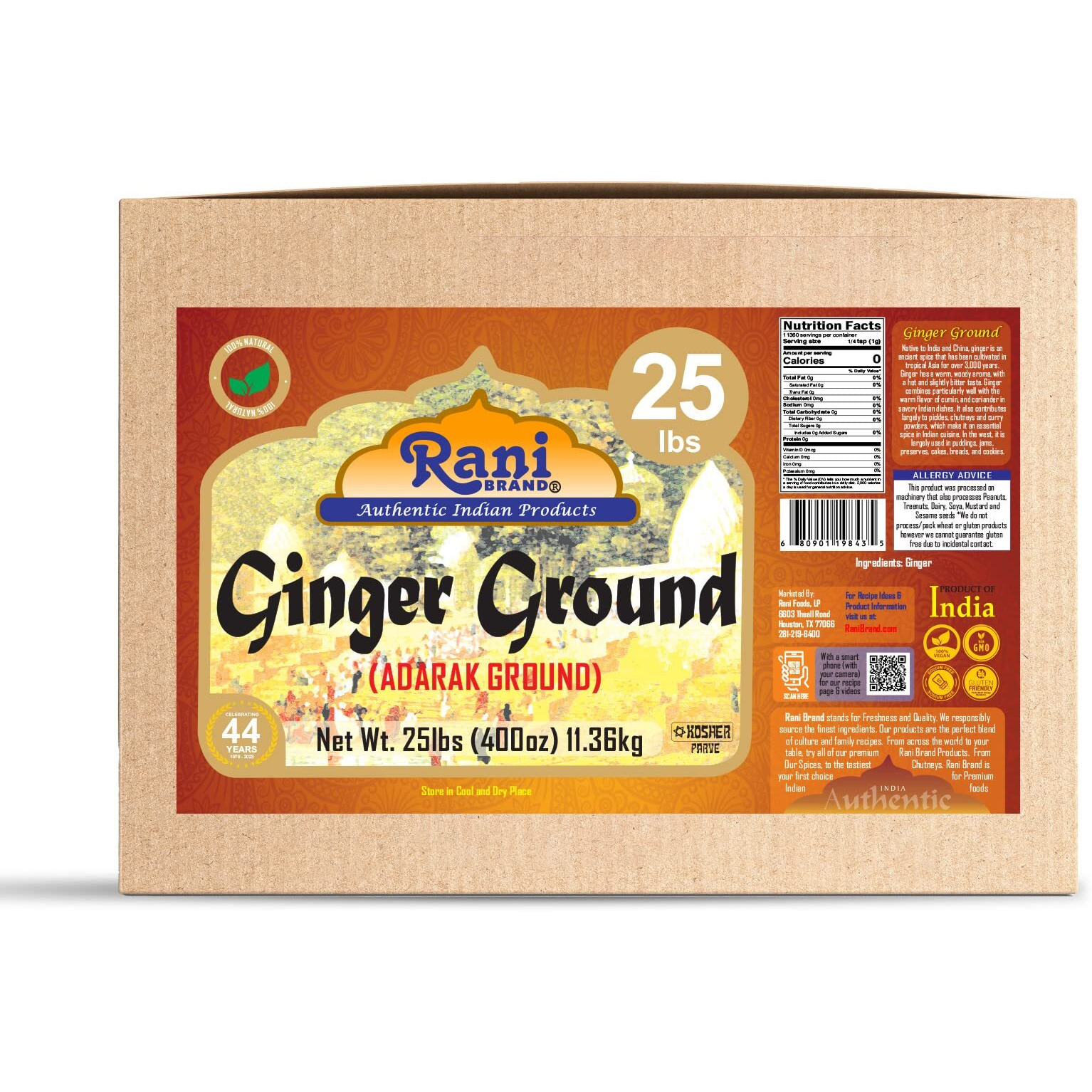 Rani Ginger (Adarak) Powder Ground, Spice 400oz (25lb) 11.36kg Bulk Box ~ All Natural, Vegan, Gluten Friendly, NON-GMO, Indian Origin