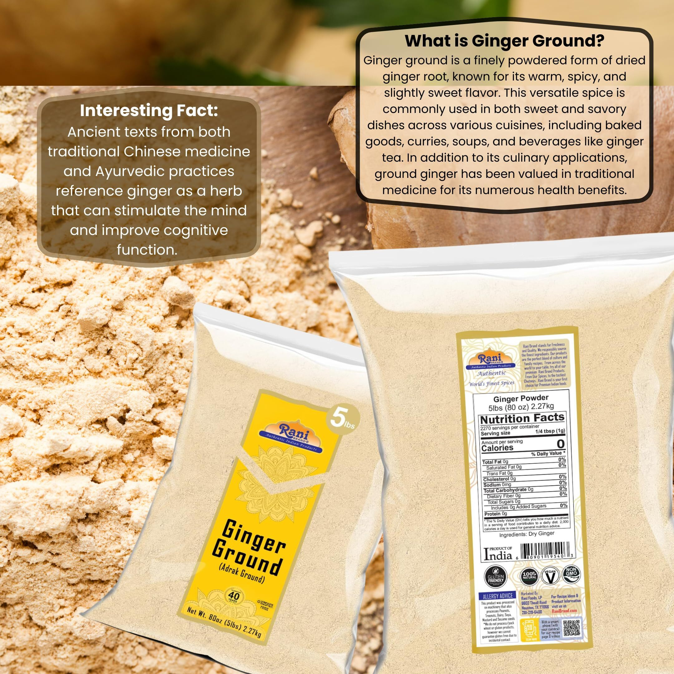 Rani Ginger (Adarak) Powder Ground, Spice 80oz (5lbs) 2.27kg Bulk ~ All Natural, Vegan, Gluten Friendly, NON-GMO, Kosher, Indian Origin
