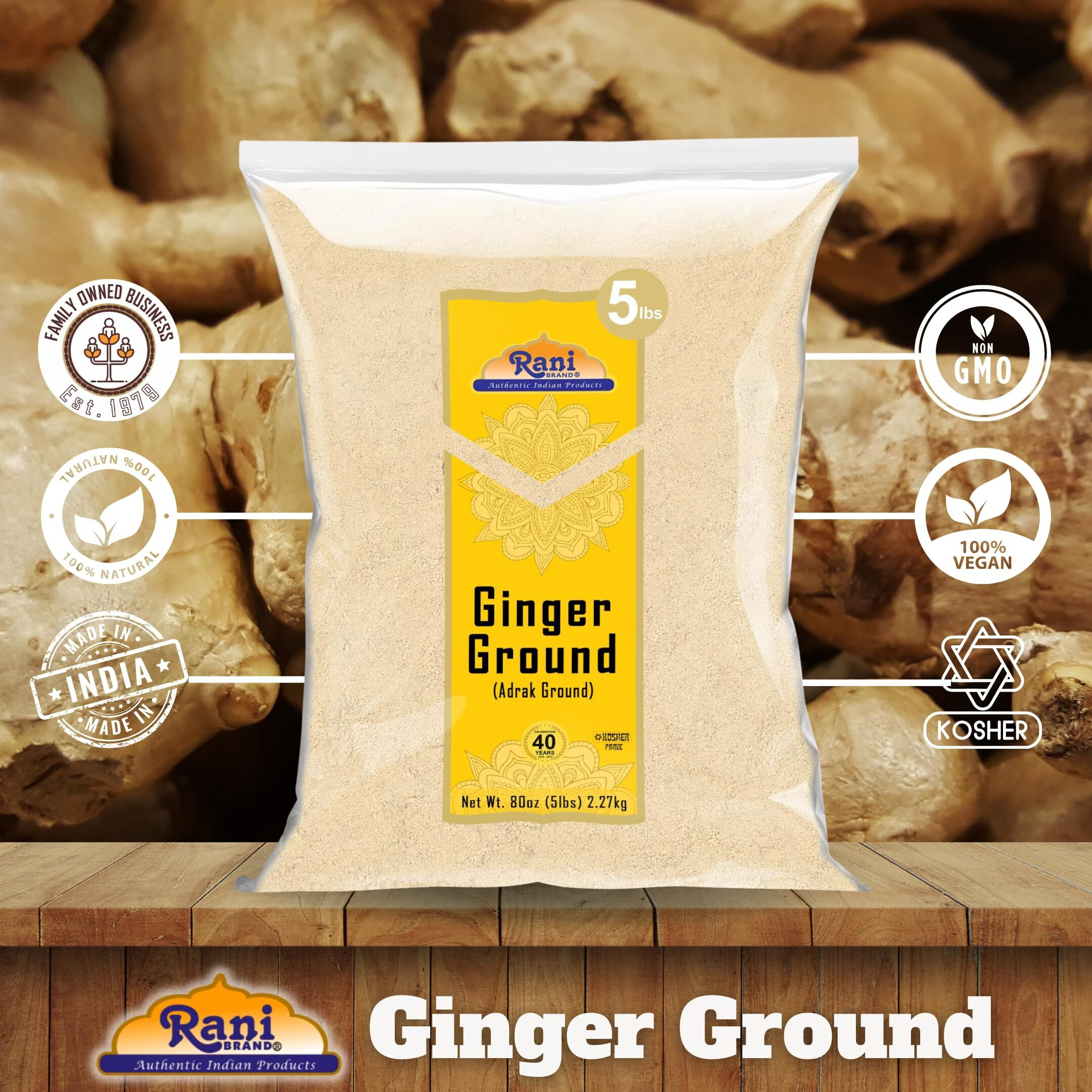 Rani Ginger (Adarak) Powder Ground, Spice 80oz (5lbs) 2.27kg Bulk ~ All Natural, Vegan, Gluten Friendly, NON-GMO, Kosher, Indian Origin