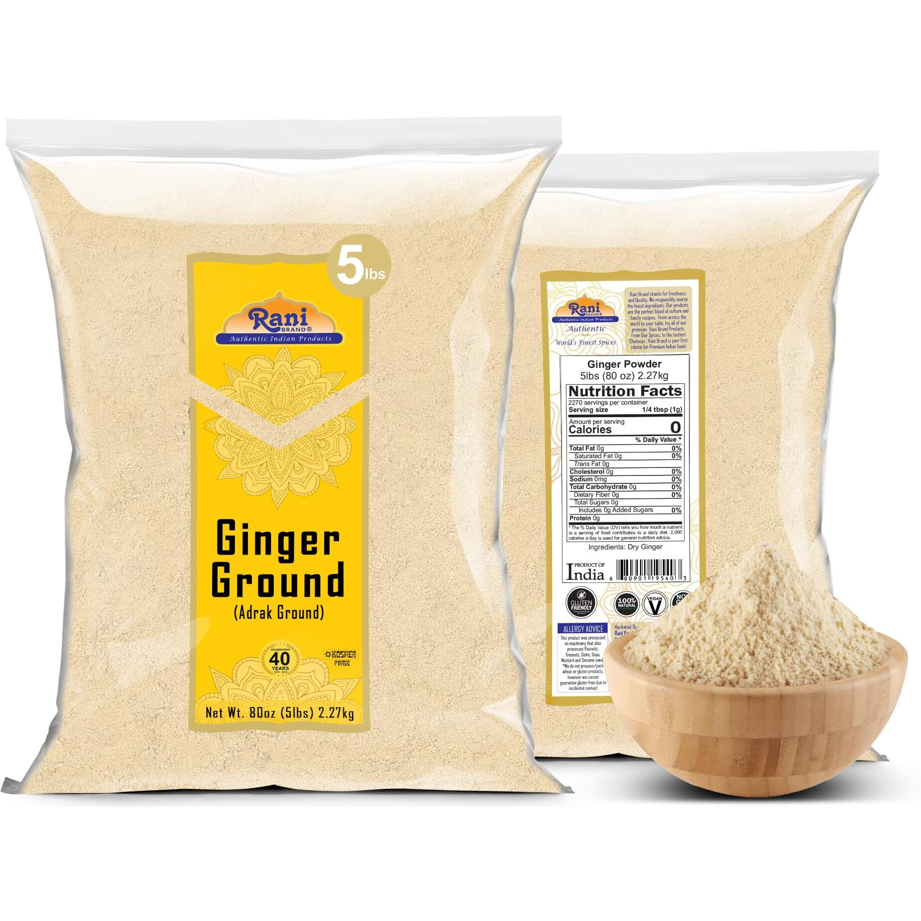 Rani Ginger (Adarak) Powder Ground, Spice 80oz (5lbs) 2.27kg Bulk ~ All Natural, Vegan, Gluten Friendly, NON-GMO, Kosher, Indian Origin