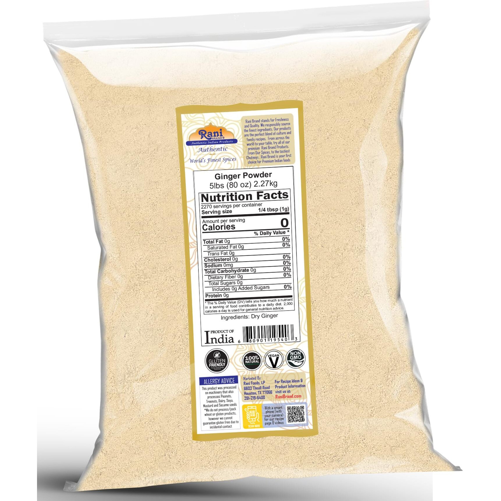 Rani Ginger (Adarak) Powder Ground, Spice 80oz (5lbs) 2.27kg Bulk ~ All Natural, Vegan, Gluten Friendly, NON-GMO, Kosher, Indian Origin