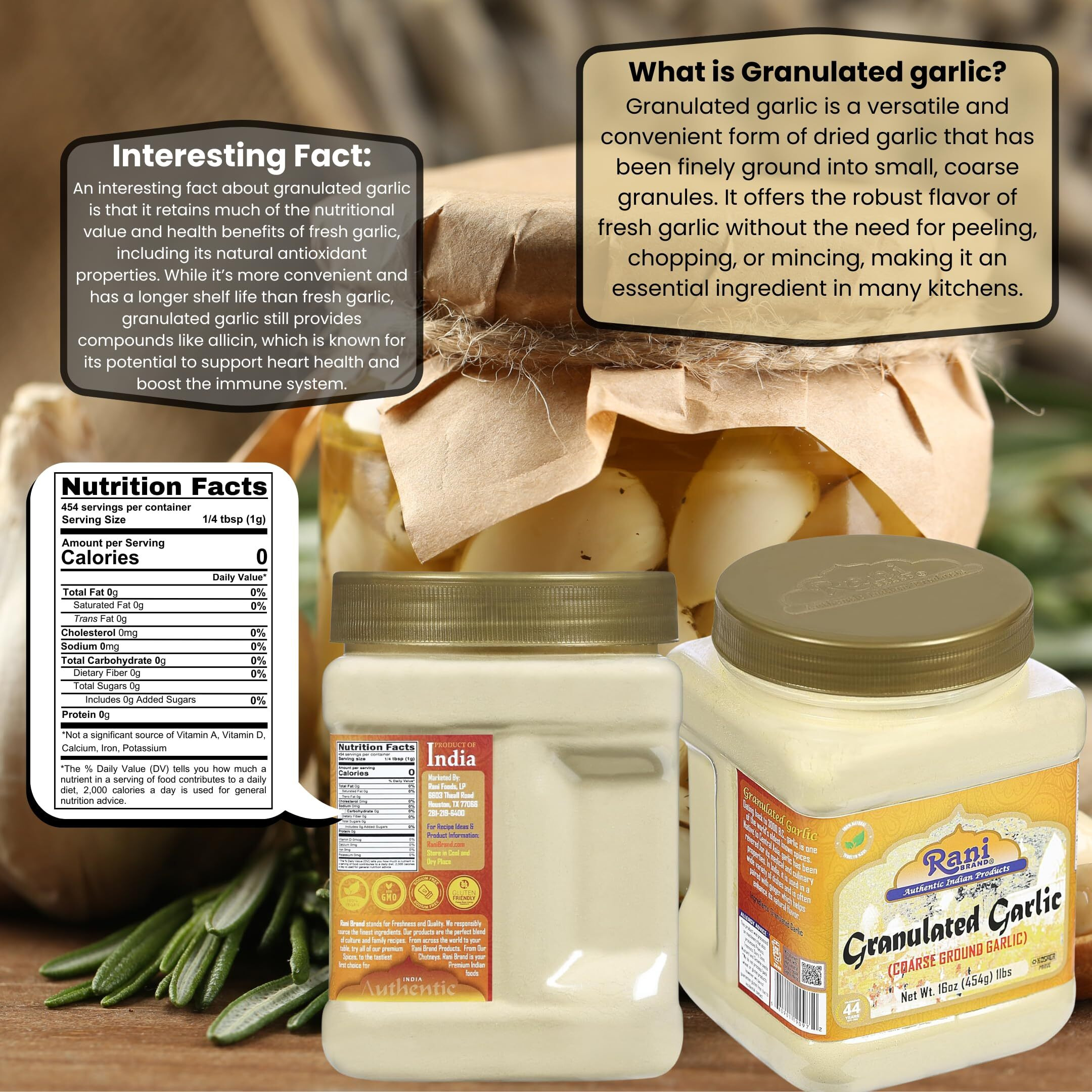 Rani Granulated Garlic (Coarse Ground Garlic) 16oz (1lb) 454g PET Jar ~ All Natural, Gluten Friendly, Vegan, NON-GMO, Kosher, No Salt or fillers, Indian Origin