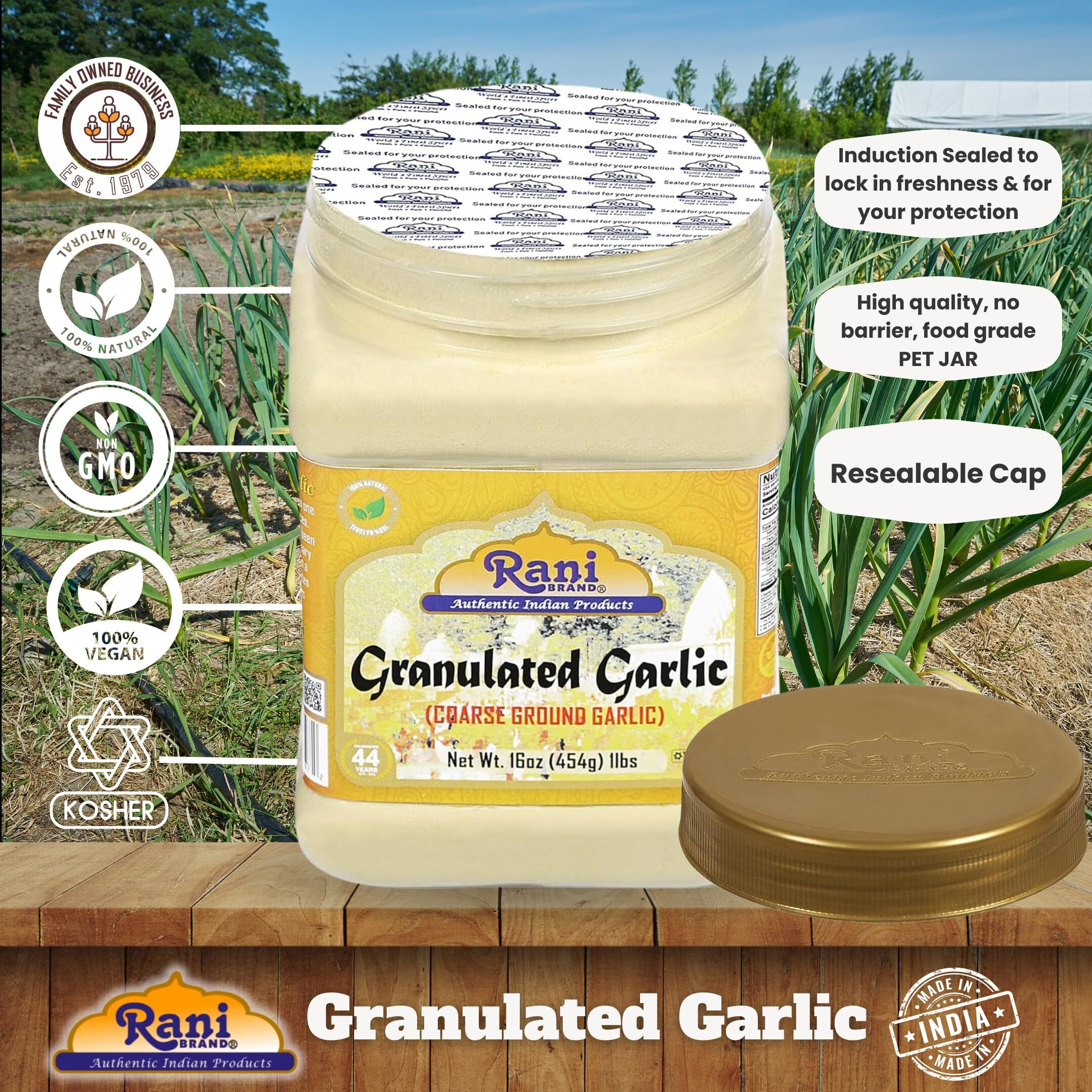 Rani Granulated Garlic (Coarse Ground Garlic) 16oz (1lb) 454g PET Jar ~ All Natural, Gluten Friendly, Vegan, NON-GMO, Kosher, No Salt or fillers, Indian Origin