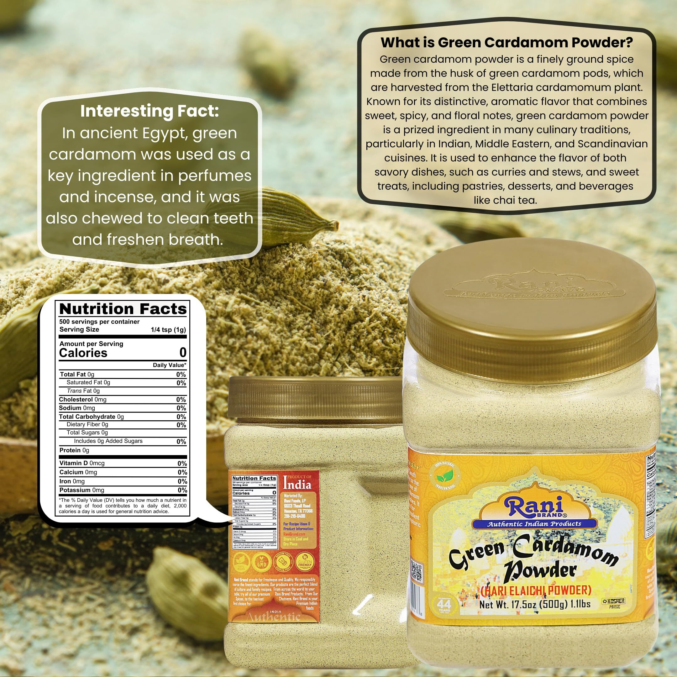 Rani Green Cardamom Pods Powder, Ground with Green Husks (Hari Elachi) 17.5oz (1.1lbs) 500g PET Jar ~ All Natural, Vegan, Gluten Friendly, NON-GMO, Kosher, Product of India