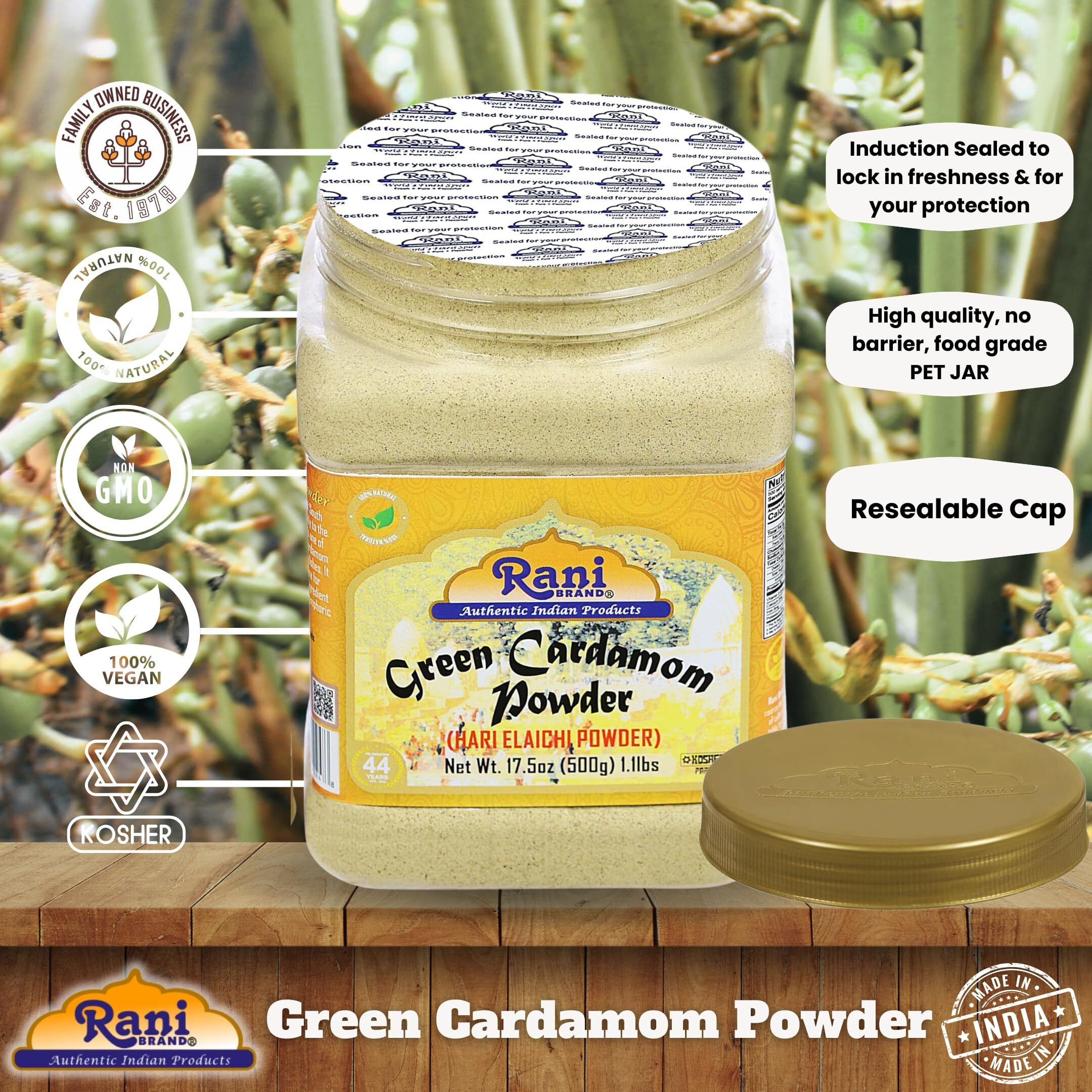 Rani Green Cardamom Pods Powder, Ground with Green Husks (Hari Elachi) 17.5oz (1.1lbs) 500g PET Jar ~ All Natural, Vegan, Gluten Friendly, NON-GMO, Kosher, Product of India