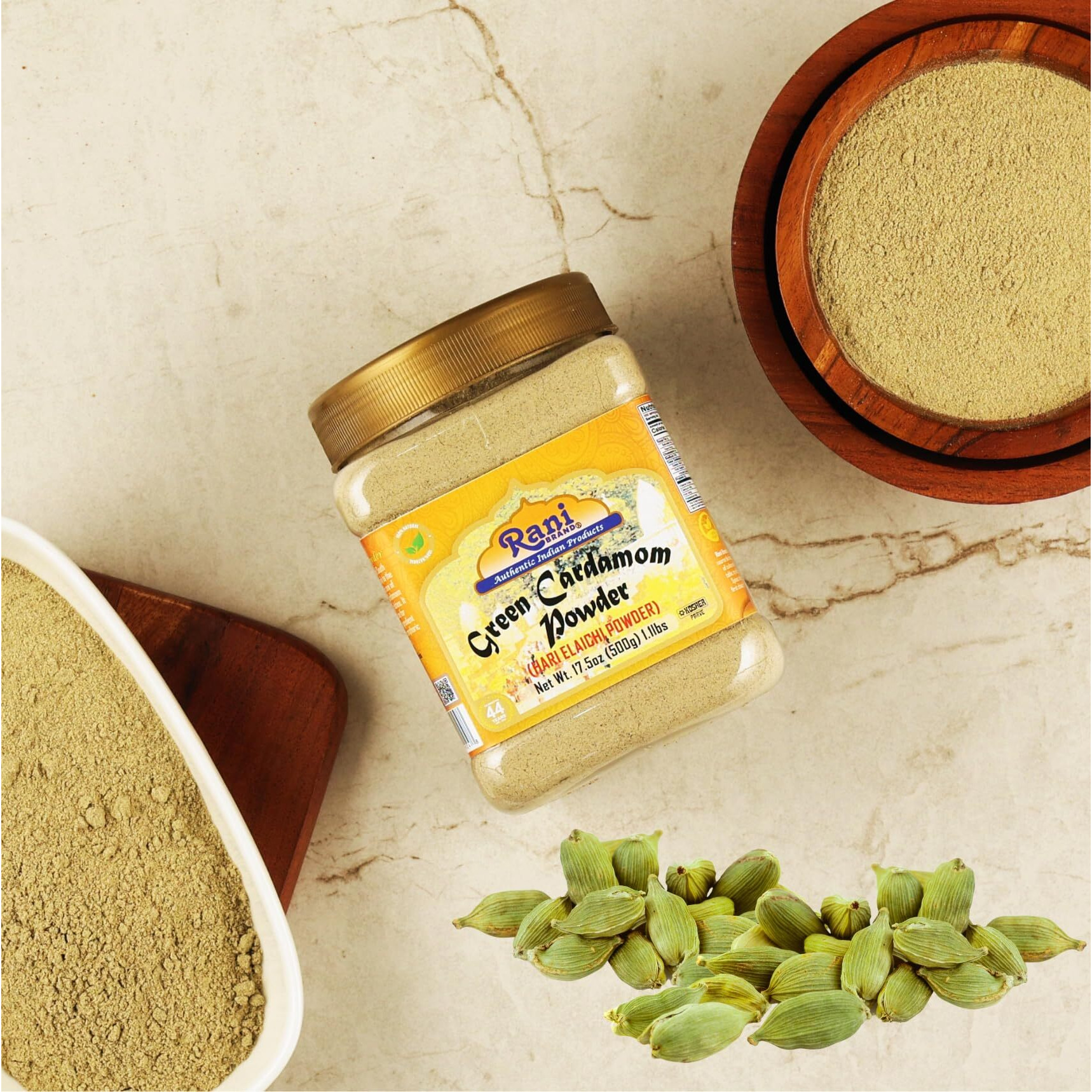 Rani Green Cardamom Pods Powder, Ground with Green Husks (Hari Elachi) 17.5oz (1.1lbs) 500g PET Jar ~ All Natural, Vegan, Gluten Friendly, NON-GMO, Kosher, Product of India