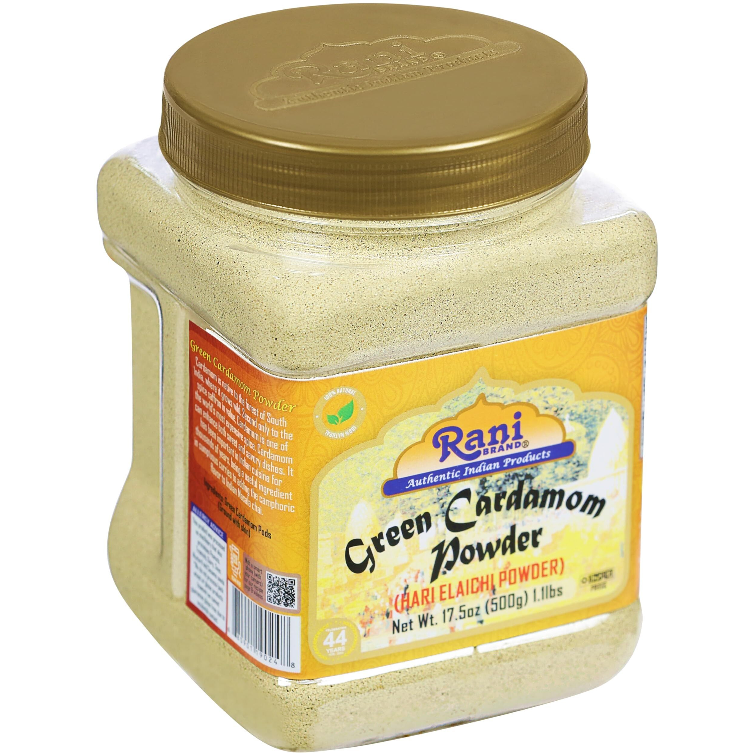 Rani Green Cardamom Pods Powder, Ground with Green Husks (Hari Elachi) 17.5oz (1.1lbs) 500g PET Jar ~ All Natural, Vegan, Gluten Friendly, NON-GMO, Kosher, Product of India