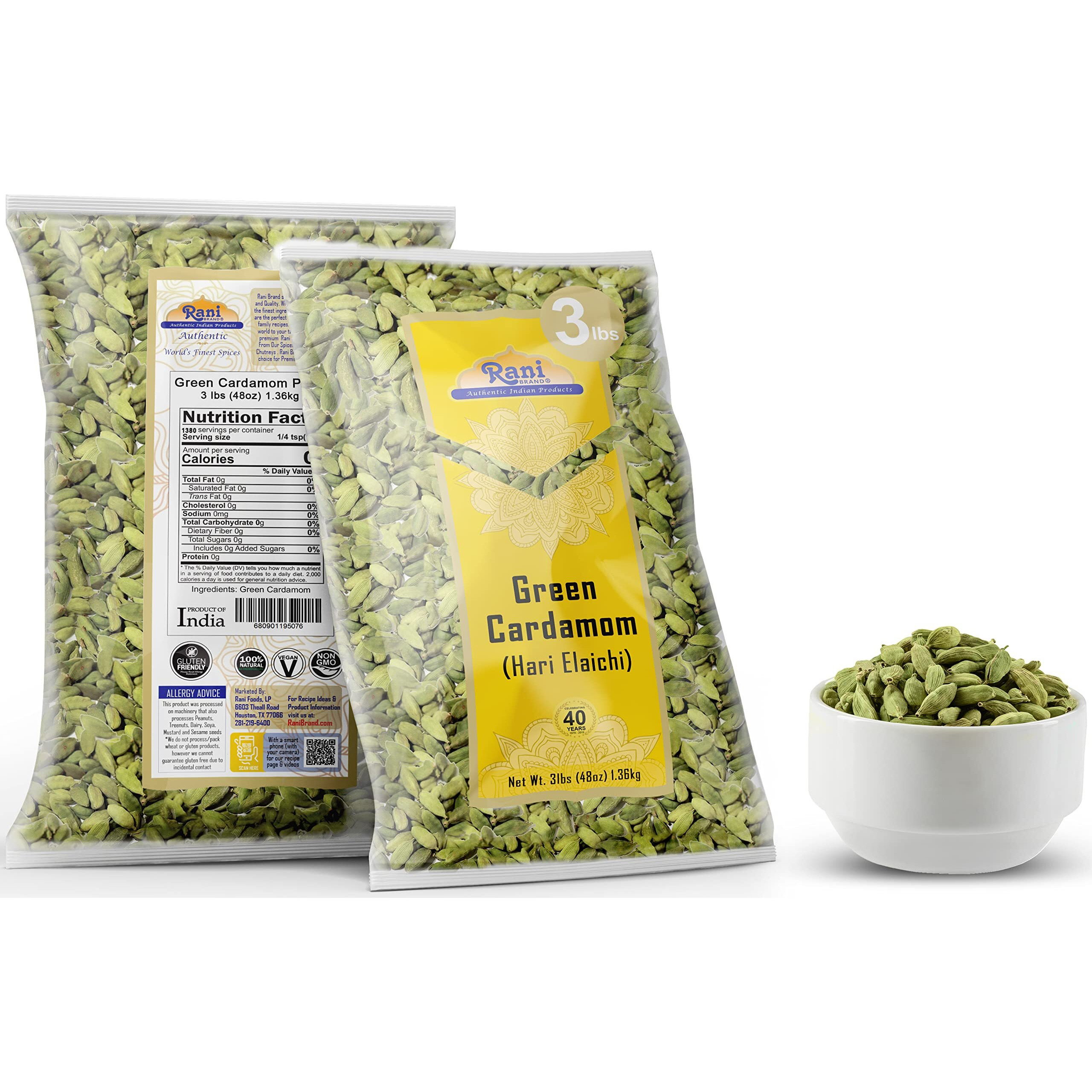 Rani Green Cardamom Pods Spice (Hari Elachi) 48oz (3lbs) 1.36kg Bulk ~ All Natural, Vegan, Gluten Friendly, NON-GMO, Product of India