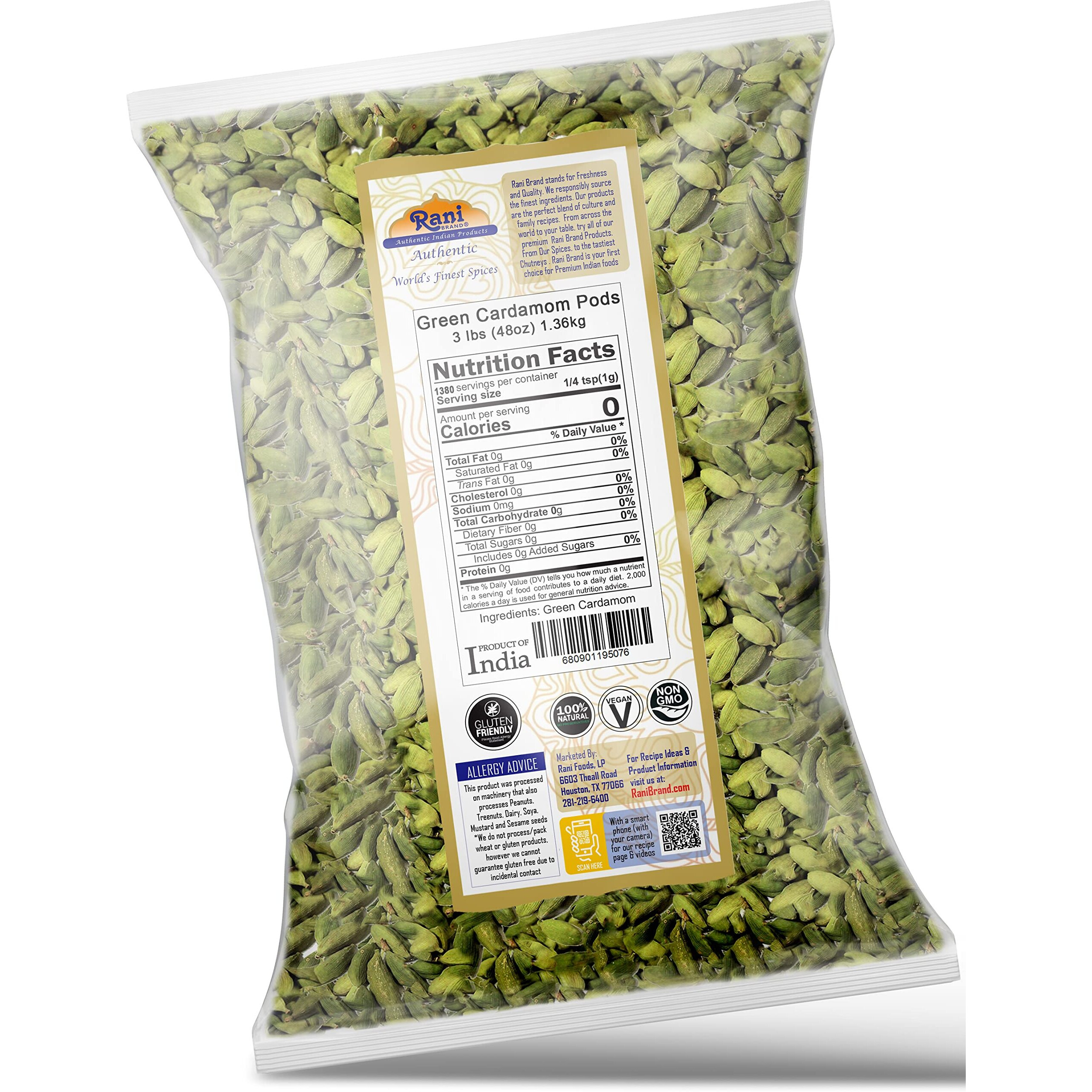 Rani Green Cardamom Pods Spice (Hari Elachi) 48oz (3lbs) 1.36kg Bulk ~ All Natural, Vegan, Gluten Friendly, NON-GMO, Product of India