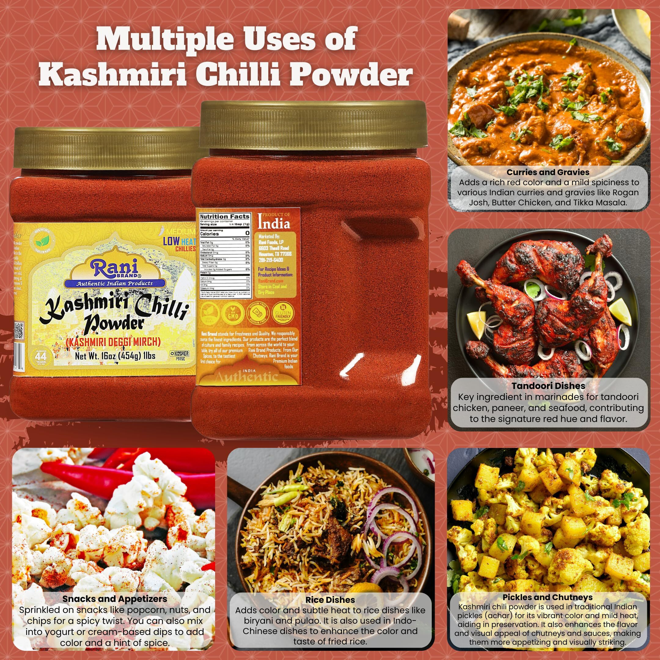 Rani Kashmiri Chilli Powder (Deggi Mirch, Low Heat) Ground Indian Spice 16oz (1lb) 454g PET Jar ~ All Natural, Salt-Free, Vegan, Kosher, Gluten Friendly